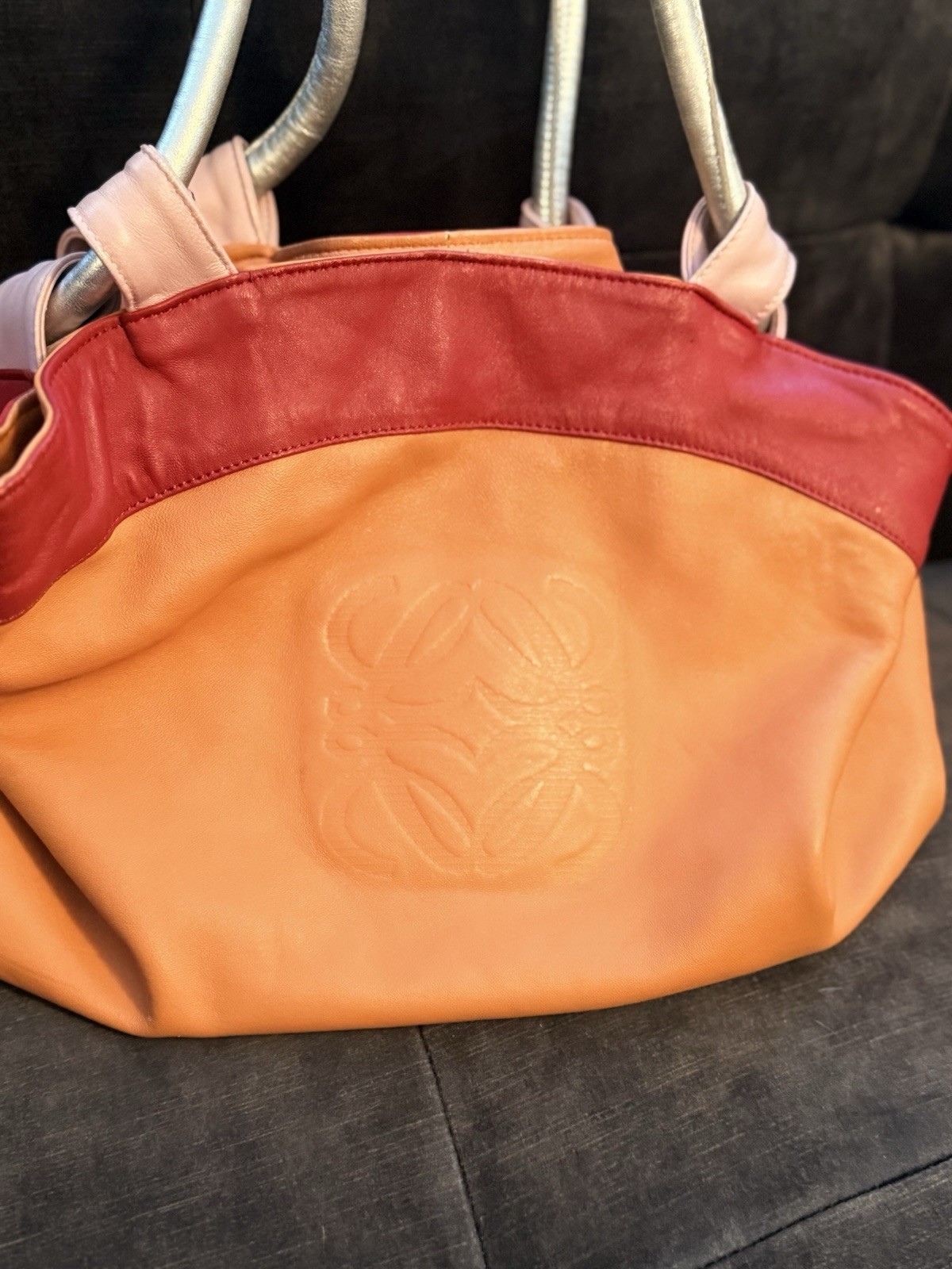 LOEWE ORANGE RED PINK SILVER LAMBSKIN NAPPA AIRE TOTE HANDBAG – Rare.