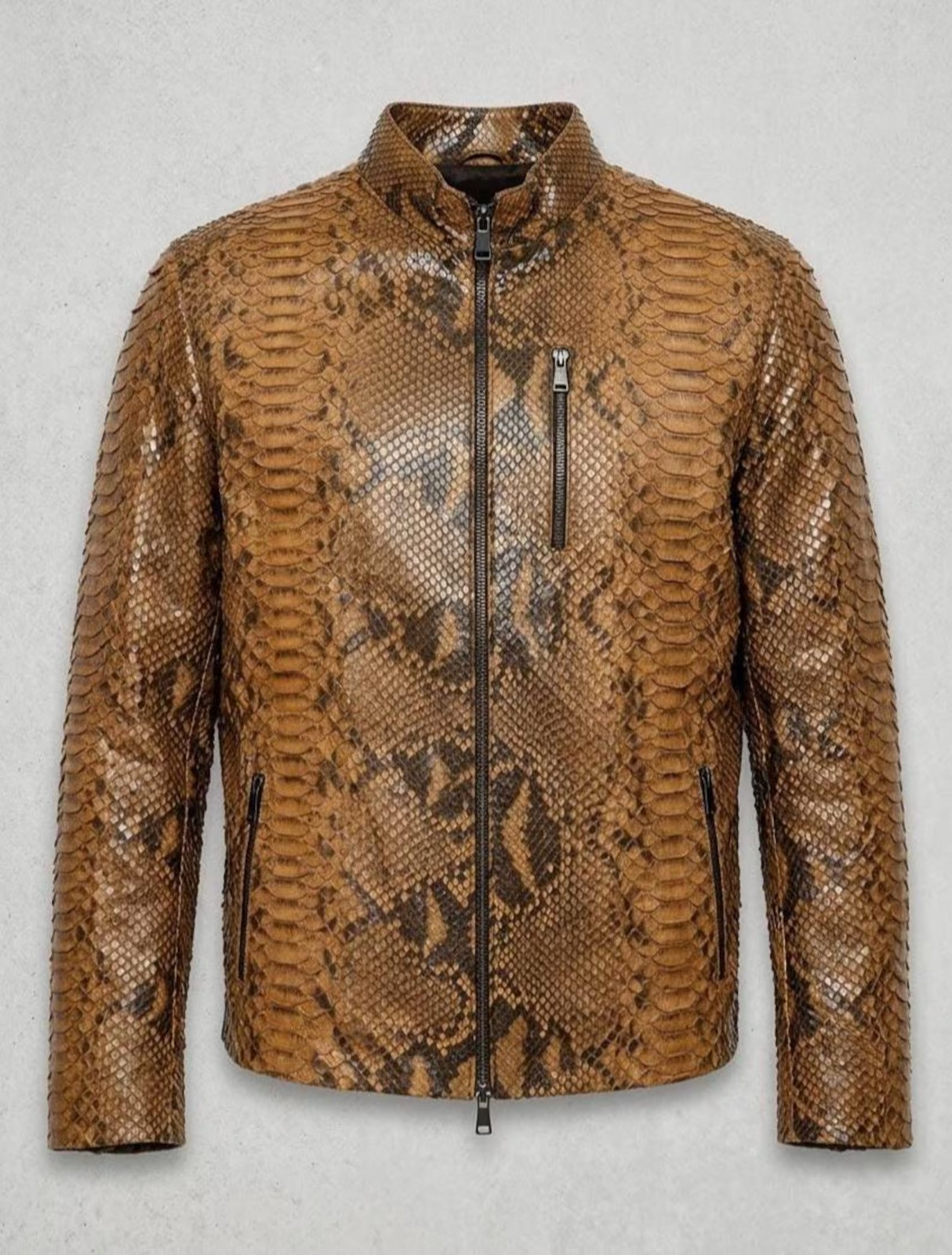 Men’s Snake Print Cow Leather Jacket – Slim Fit Brown Exotic Design Biker Coat