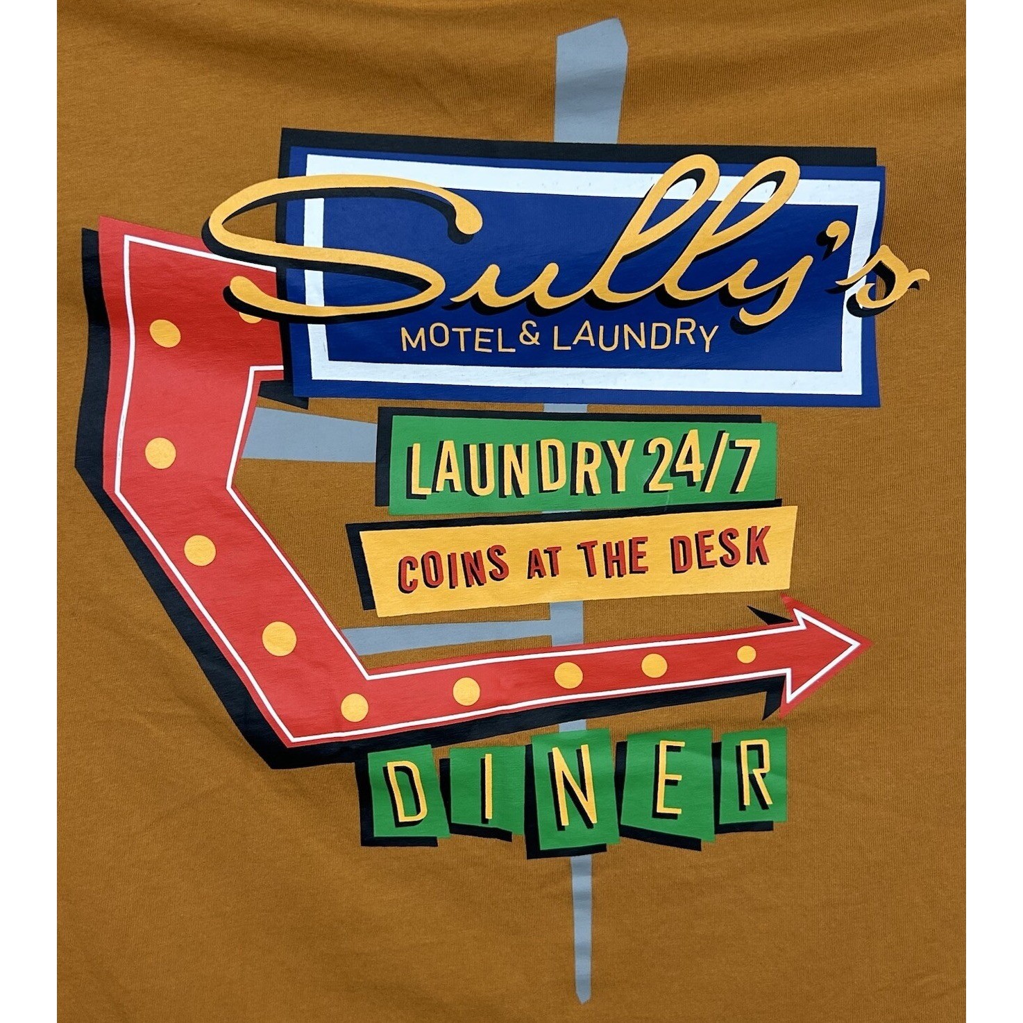 H&M Sully’s Motel & Laundry Diner Graphic T-Shirt Retro Mens Large Orange EUC