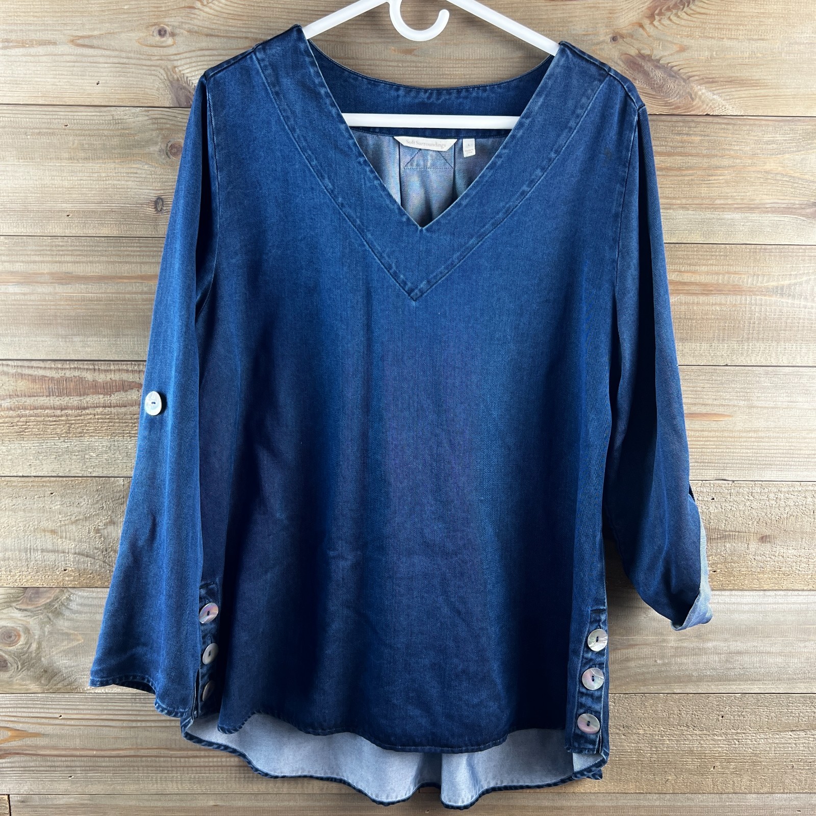 Soft Surroundings Womens Shirt Roll Tab Chambray Button Detail Tencel Large