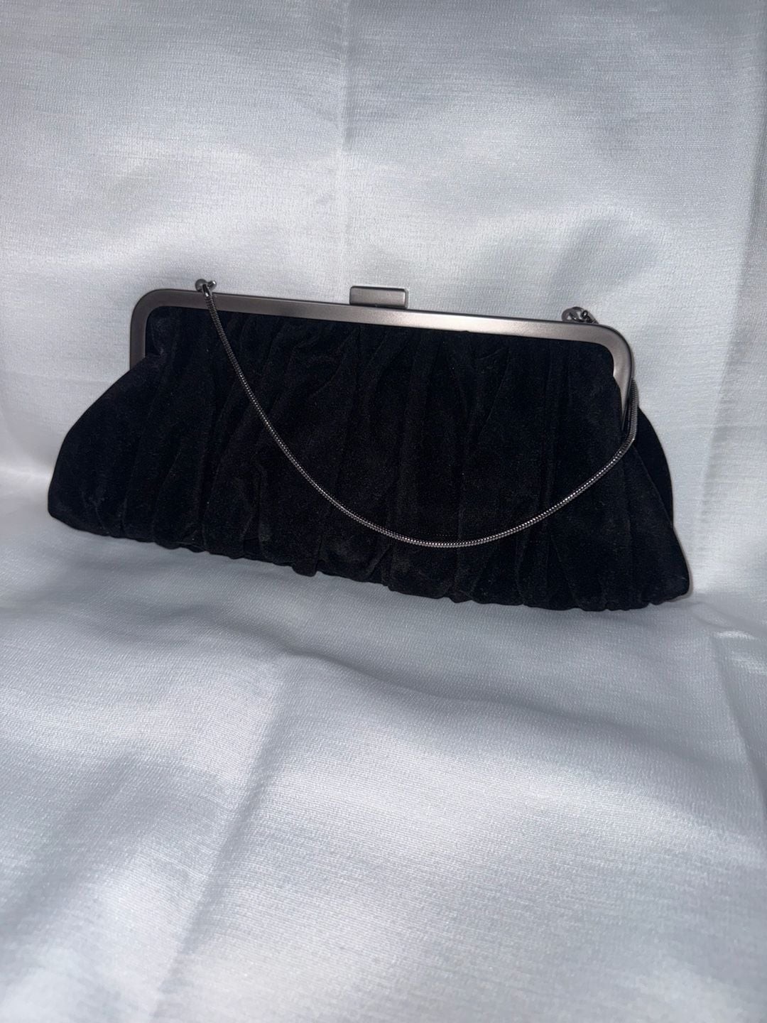 Mary Kay Pleated Black Velvet Evening Clutch with Silver Tone Frame and Chain