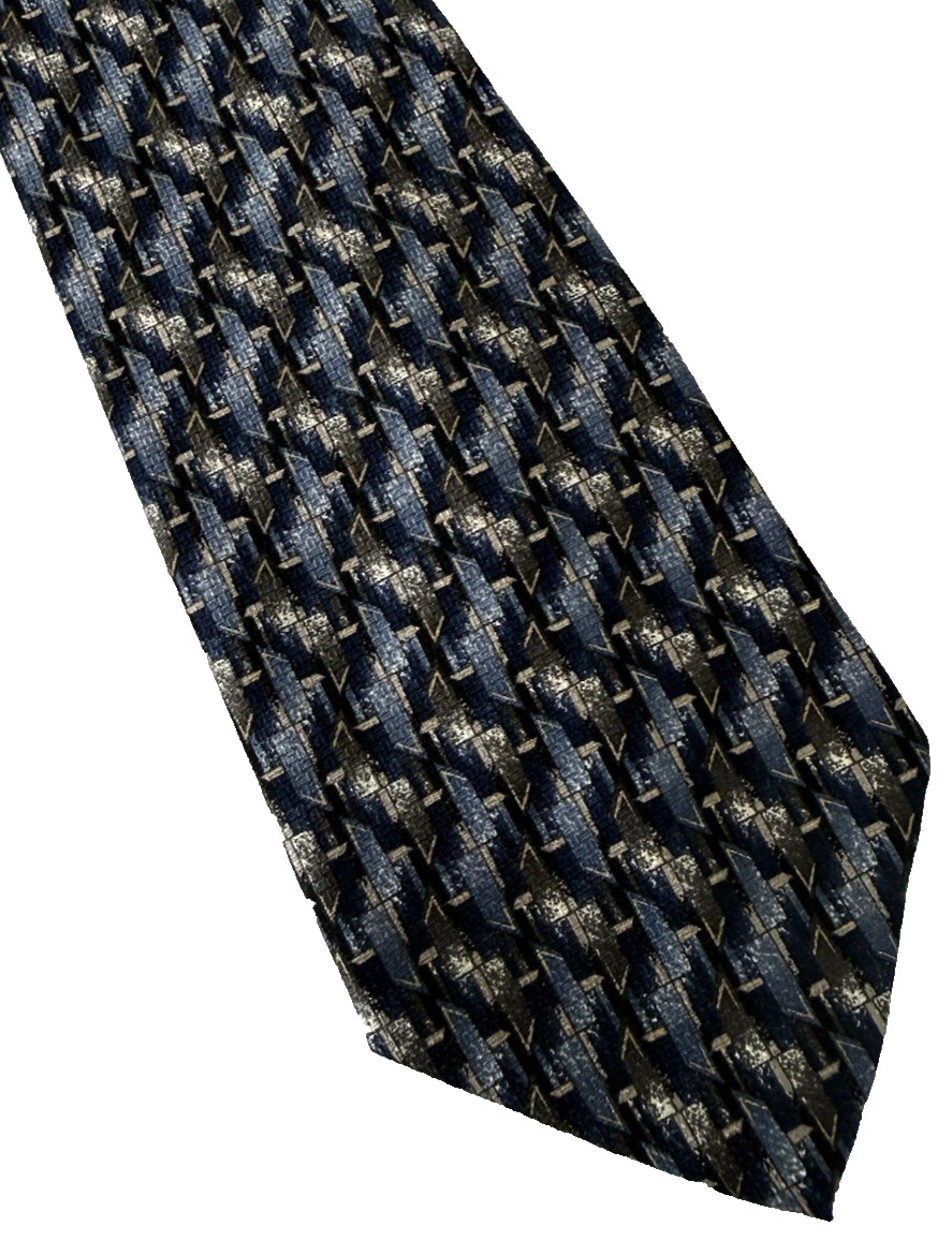 Barrinton Navy Gray Black Abstract Woven Pattern 100% Silk Classic Neck Tie Neck