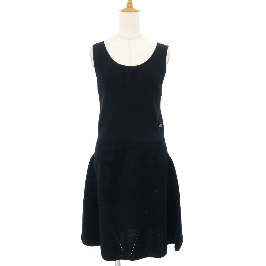 CHANEL Sleeveless Dress Ribbed Cotton Panels P51180K06556 Size 44 Authentic