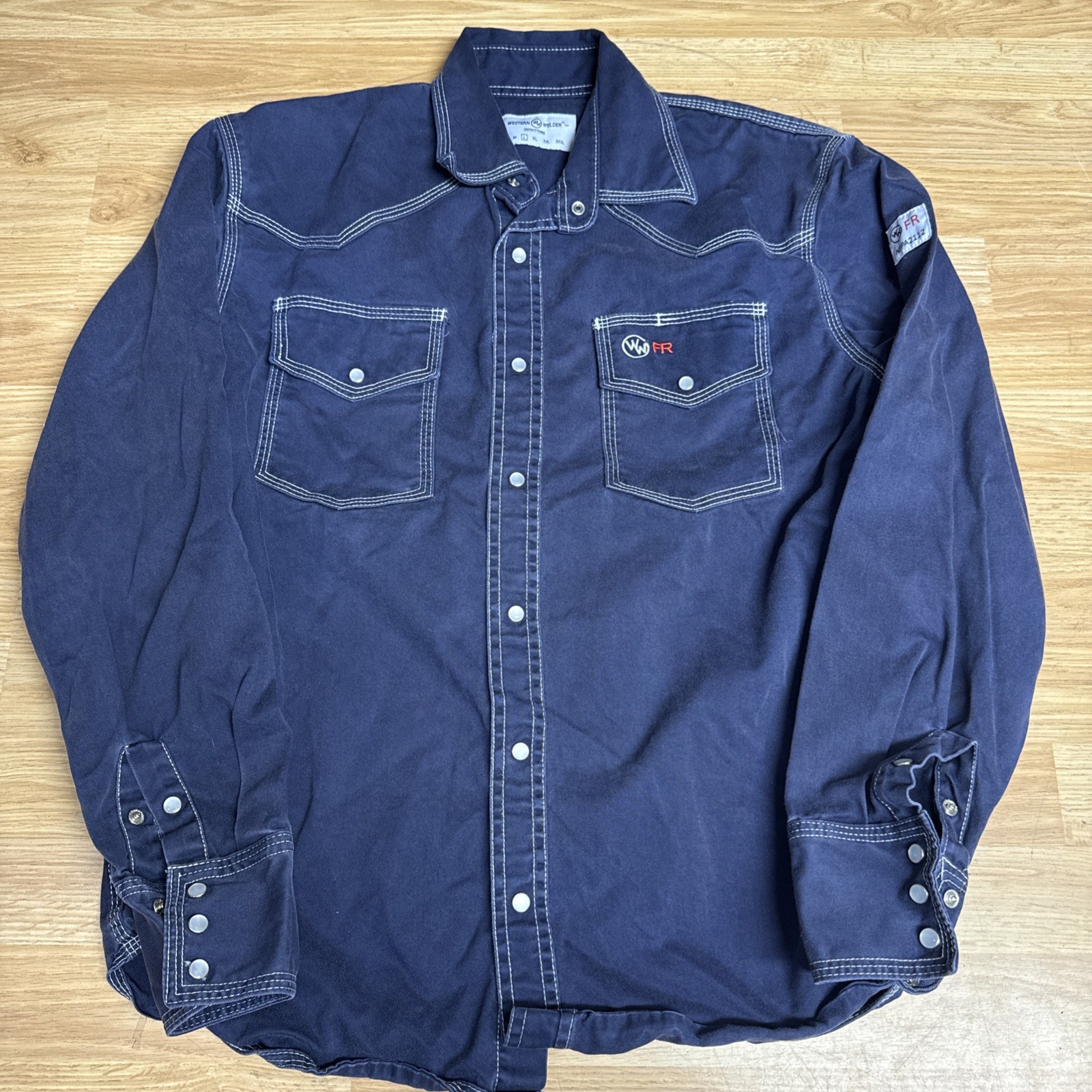 Western Welder Work Shirt Pearl Snap Triple Stitched FR Size Large Blue