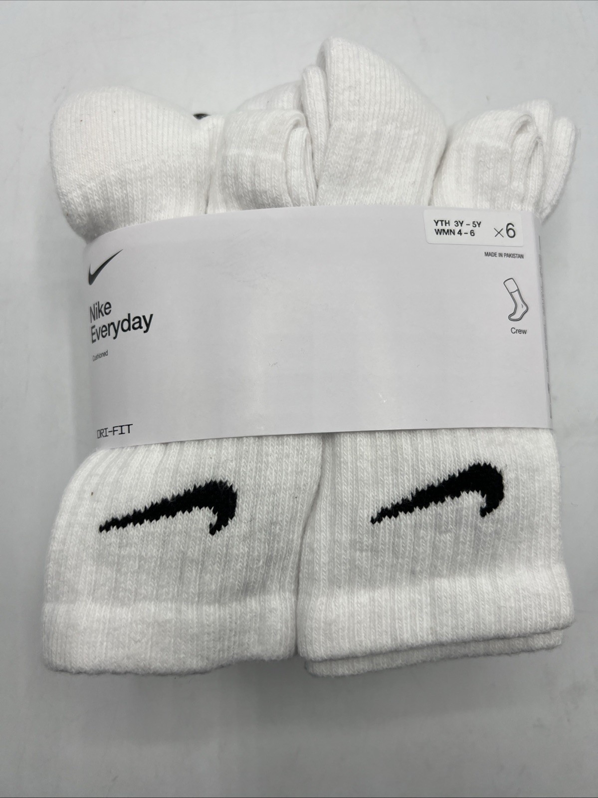 Nike Everyday Socks Cushioned Socks Youth Size 3Y-5Y White 6 Pack Crew Socks New