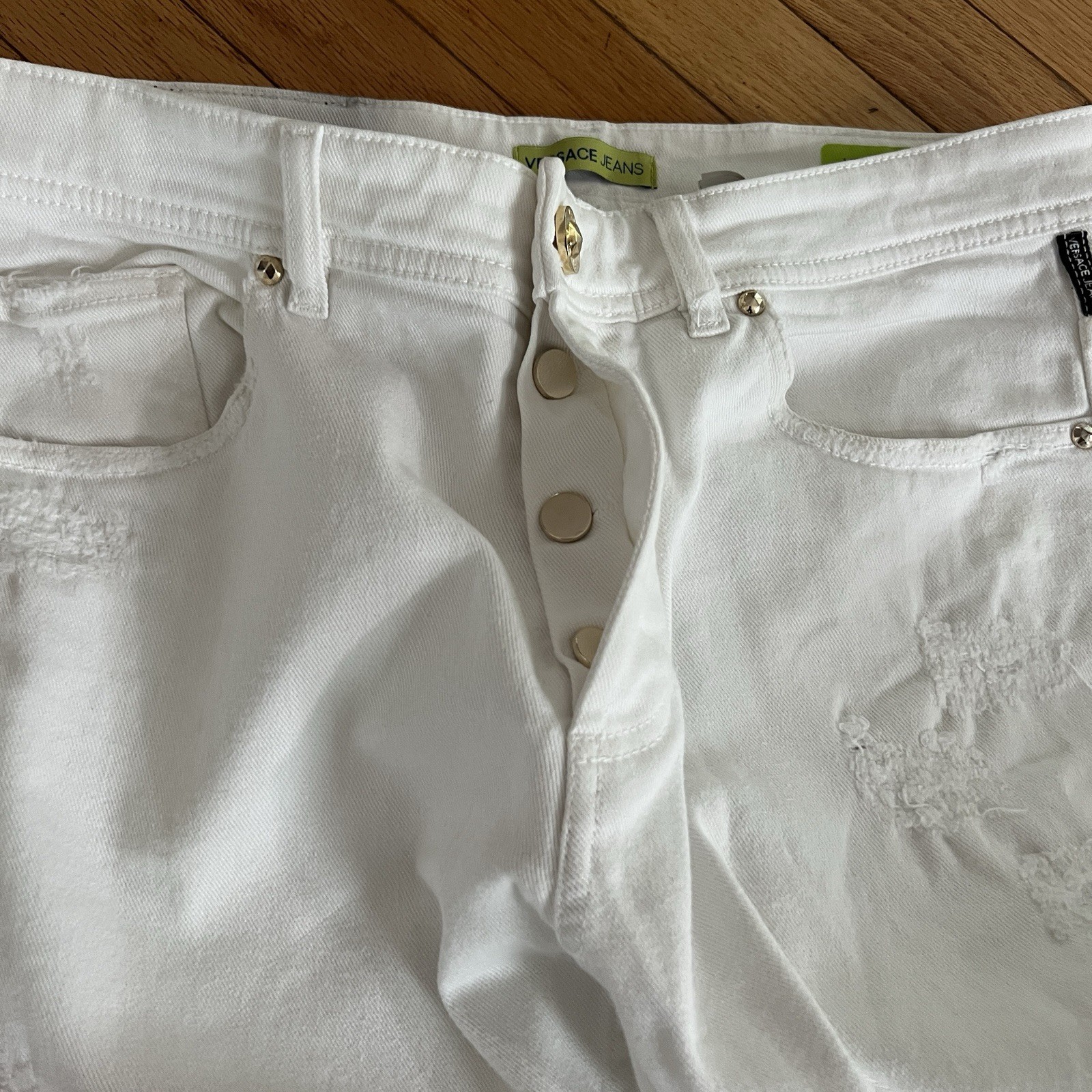 Versace Jeans Mens 32 White Denim Medusa Button Made Albania Distressed Slim