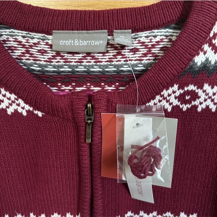 Croft & Barrow cardigan womens XL Nordic fair isle full knit zip sweater maroon