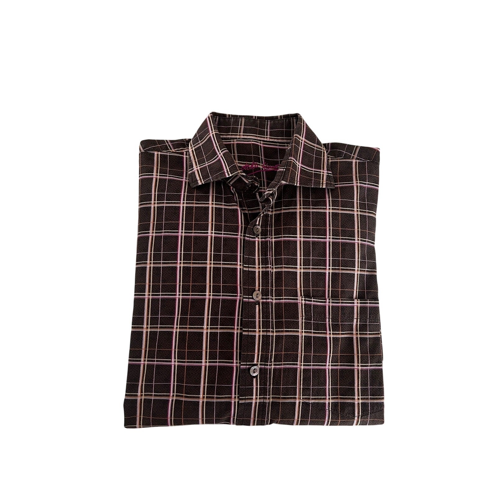 Bugatchi Uomo Shirt Mens M Brown Pink Check Button Up Long Sleeve Classic