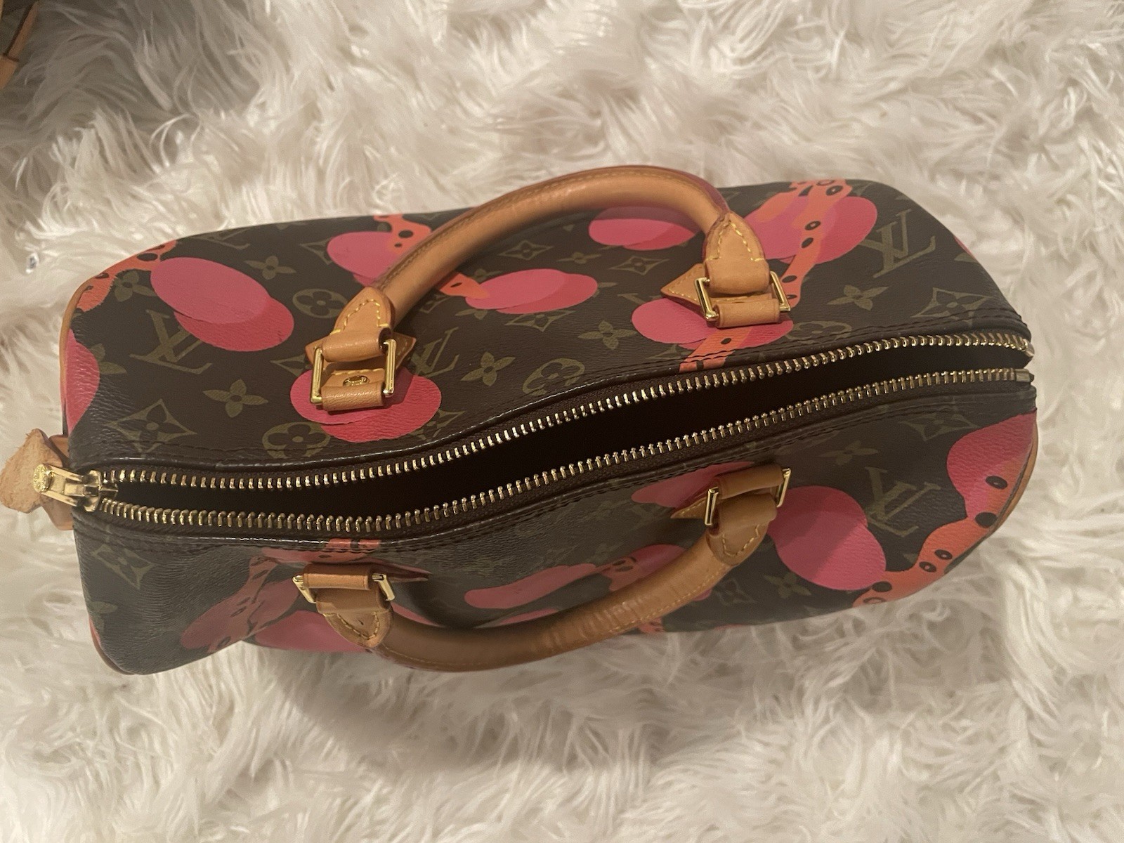 Louis Vuitton Monogram Brown Speedy Satchel Zip Top Pink Cherry Print Strap