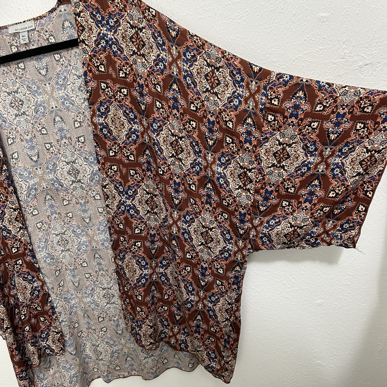 Allison Terracotta Leoni Kimono Wrap Short Sleeve Brown Ikat Floral Sz M/L Boho