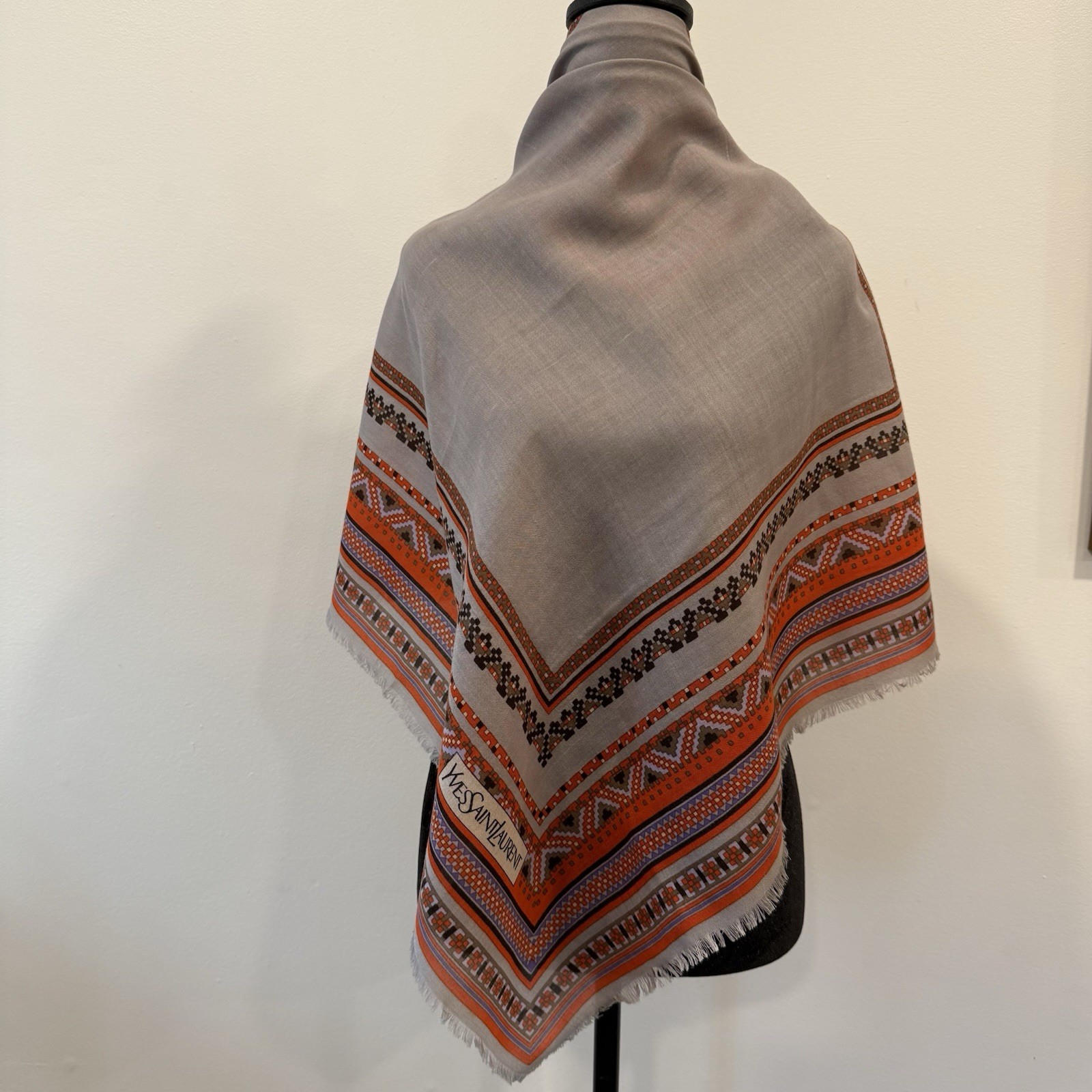 Yves Saint Laurent Silk Scarf Geometric Cream Brown