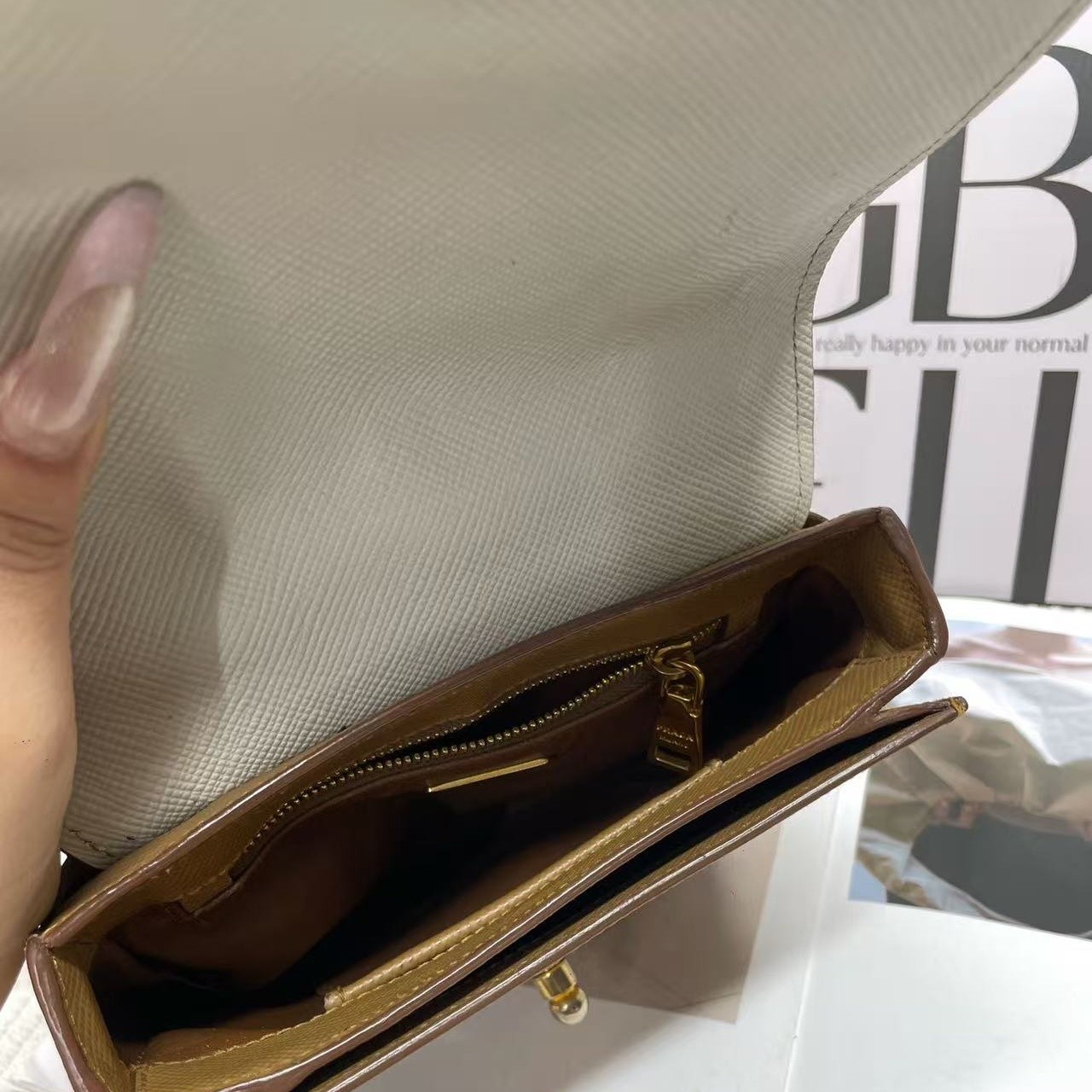 Prada Embleme Small White Camel Brown Saffiano Leather Crossbody Bag