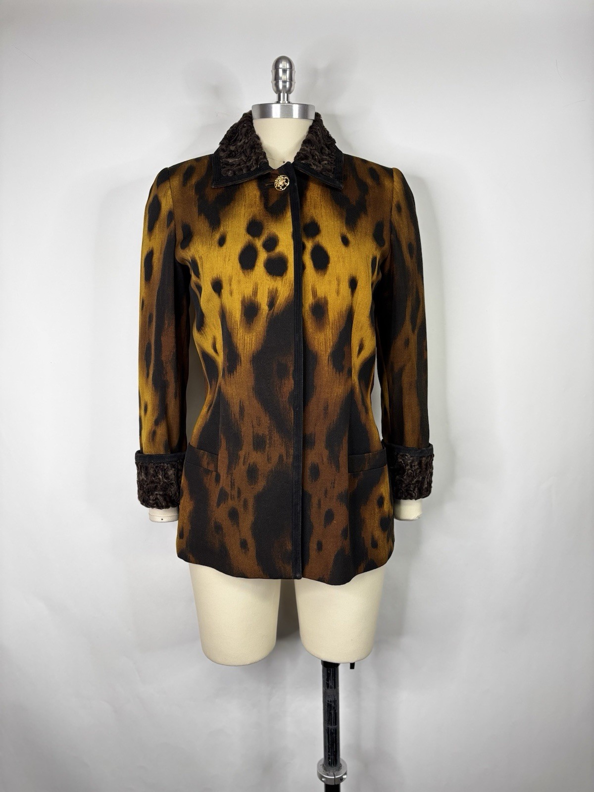 Vtg Gianni Versace Yellow Animal Print Wool Jacket IT 44