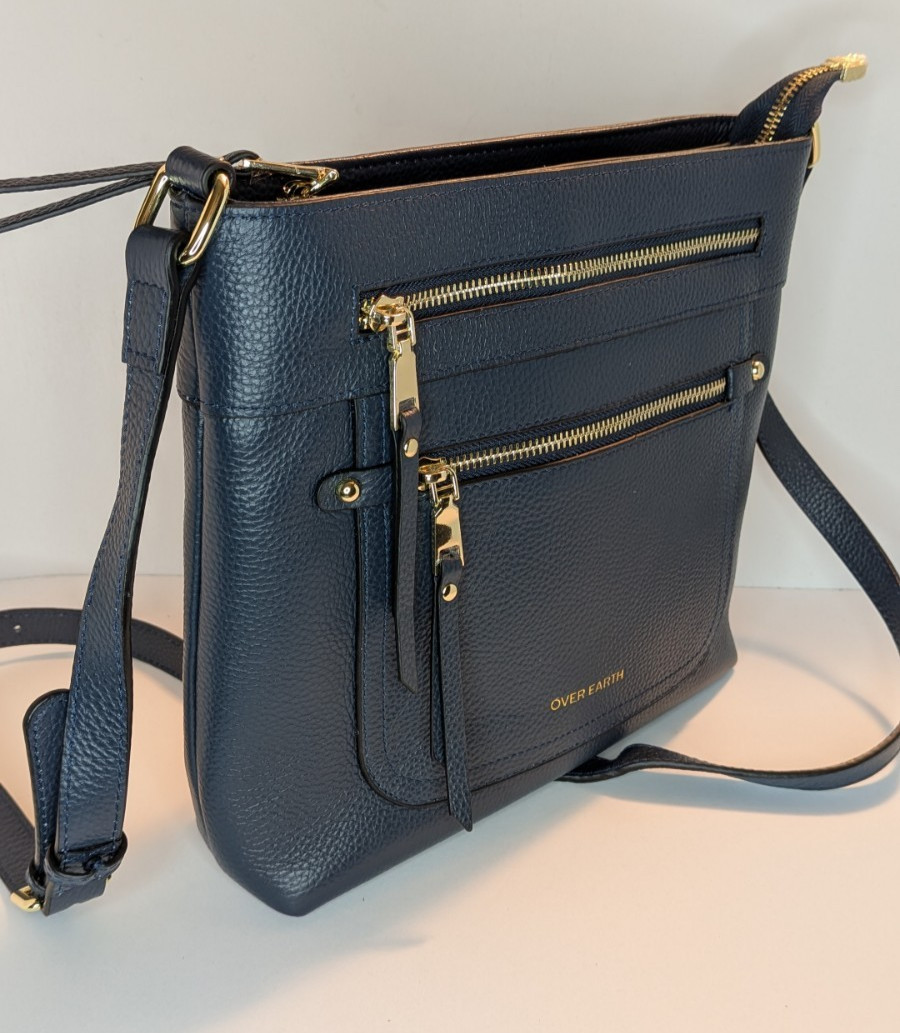 Over Earth Navy Blue Pebbled Leather Crossbody Bag Multi-Pocket Classic Everyday