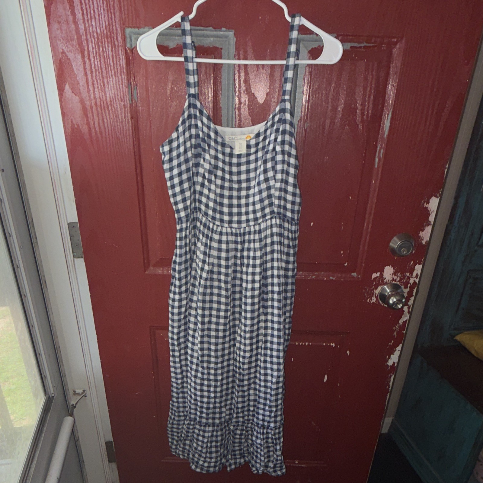 C&C California Blue/White Gingham Midi Sundress 6 Regular Spaghetti Strap