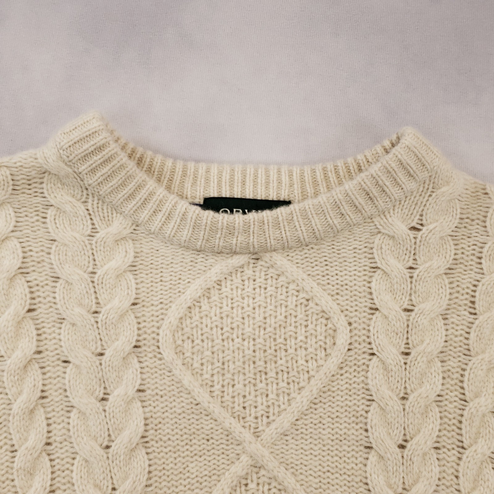 Orvis Sweater Men Medium Cream Cable Knit Merino Wool Blend Crew Neck Fisherman