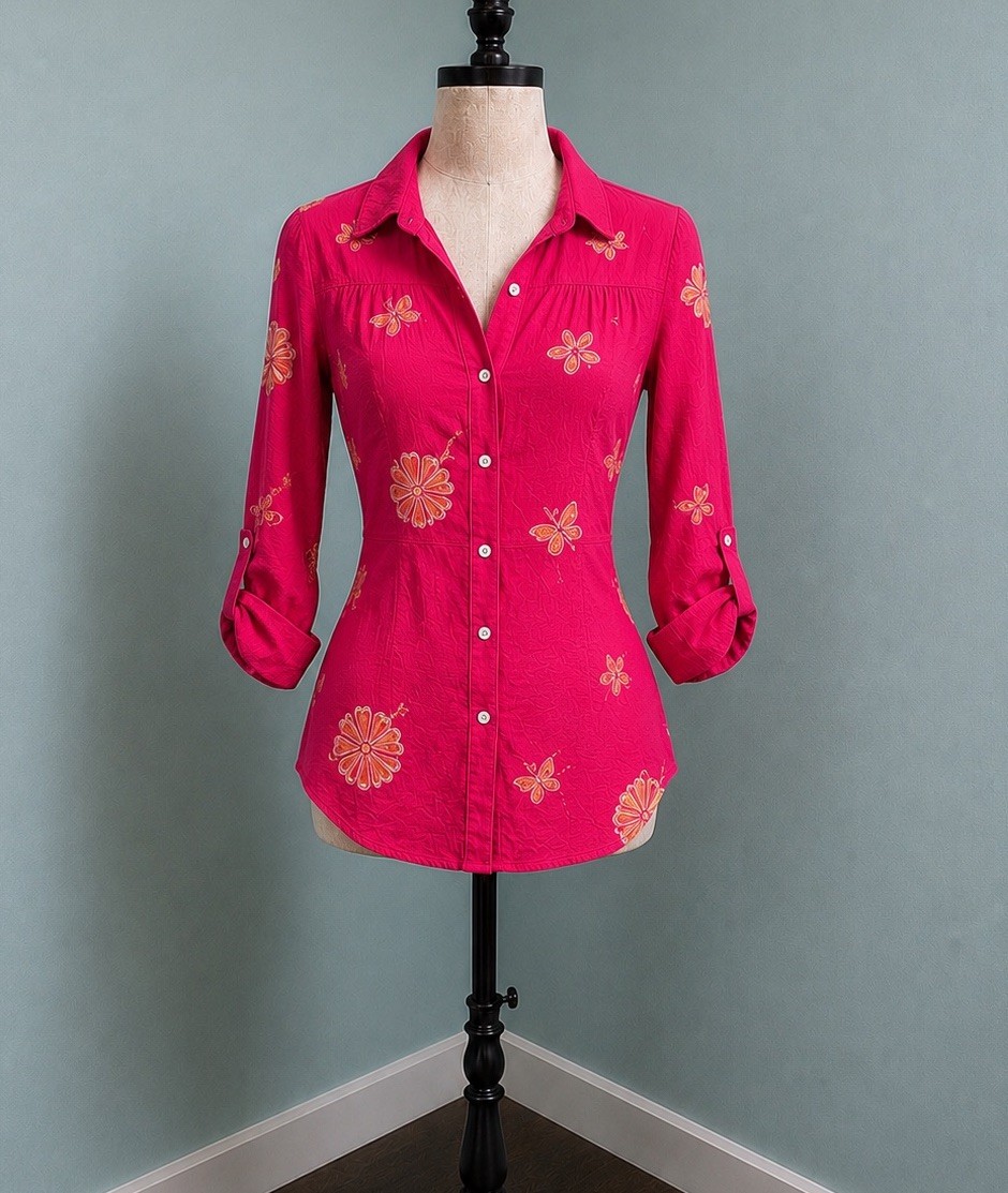 Fig & Flower Hot Pink Embroidered Butterfly Roll Tab Blouse L NWOT