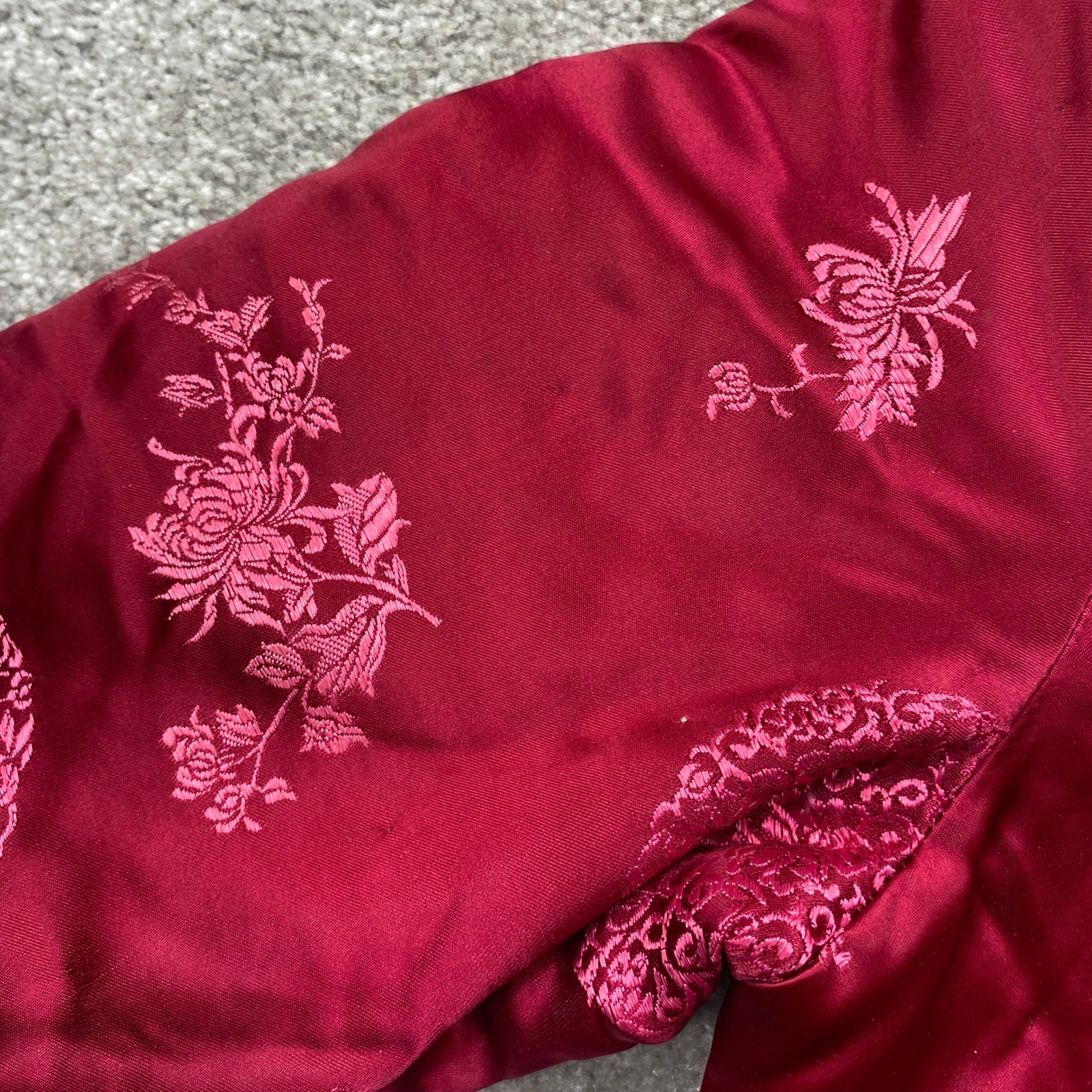 Chong Shin Brocade Jacket Red Silk Blend Mandarin Collar Dragon Floral Pattern