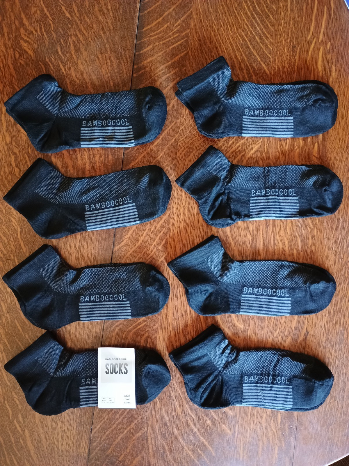 Men Bamboo Cool Black & Gray Ankle Socks 8 Pair NEW Sz M
