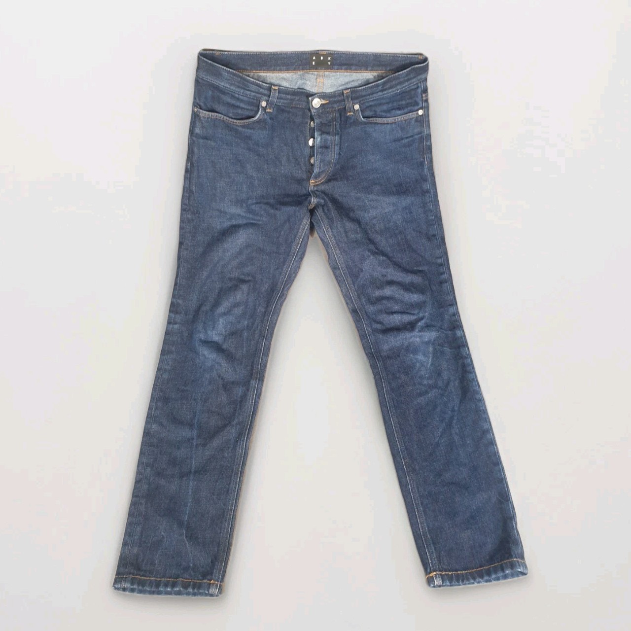 Asket Jeans Mens 33×30 Blue Denim Button Fly Slim Fit Raw Selvedge Rigid Pants