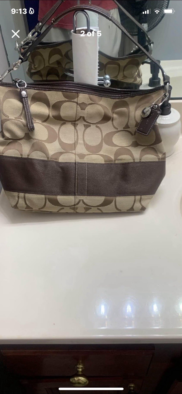 Coach Signature Monogram Shoulder Bag, Brown/Beige, Zip Closure, Medium