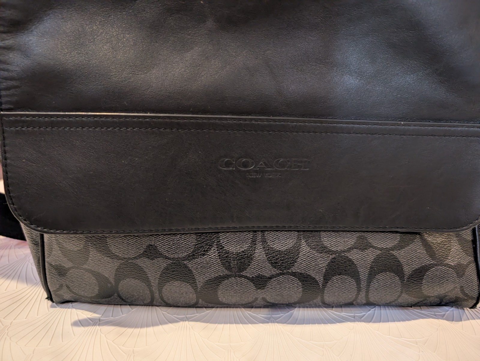 Coach Signature Monogram Messenger Crossbody Bag Black/Gray Magnetic Strap
