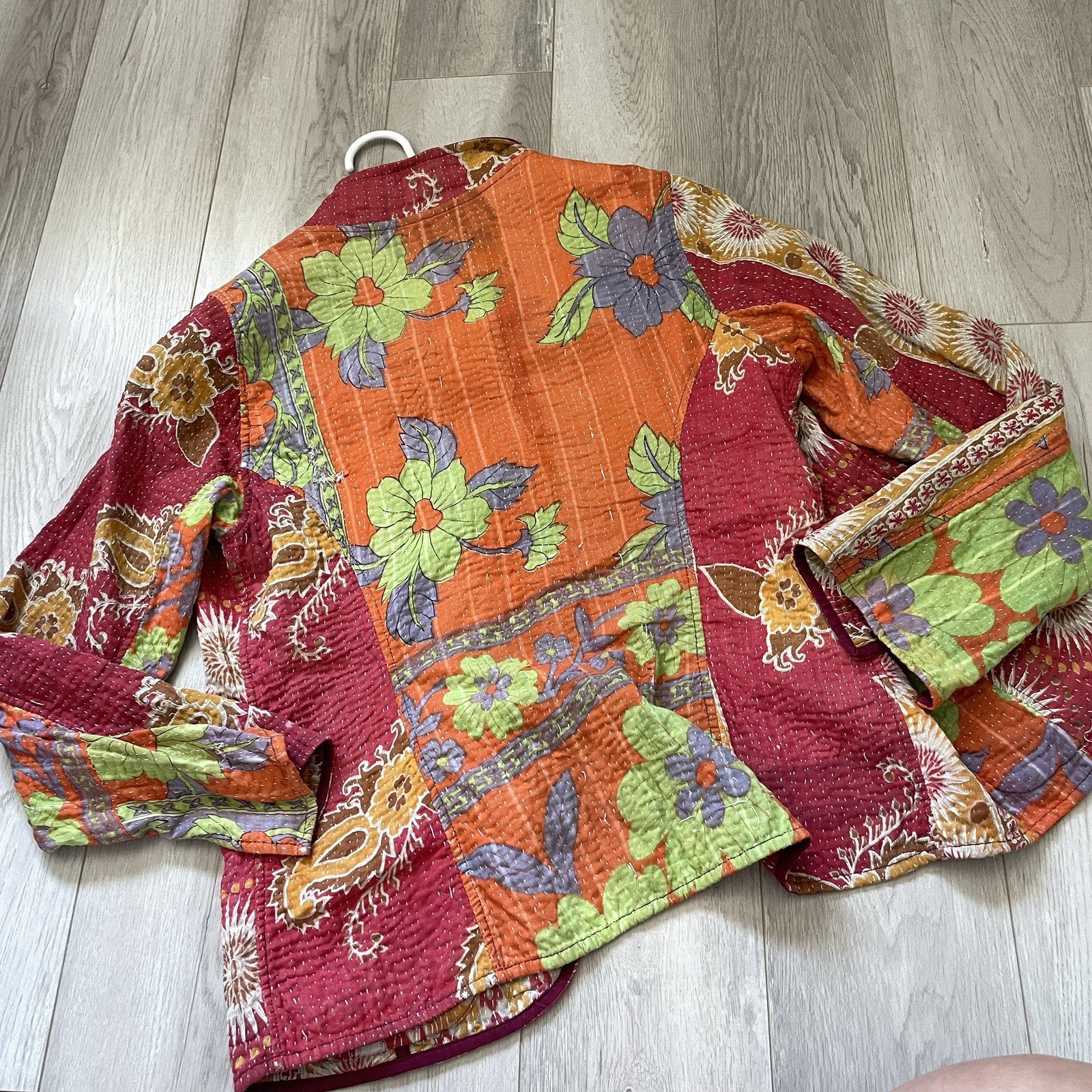 Reversible Quilted Jacket kantha floral long sleeve womens Red Orange (small)