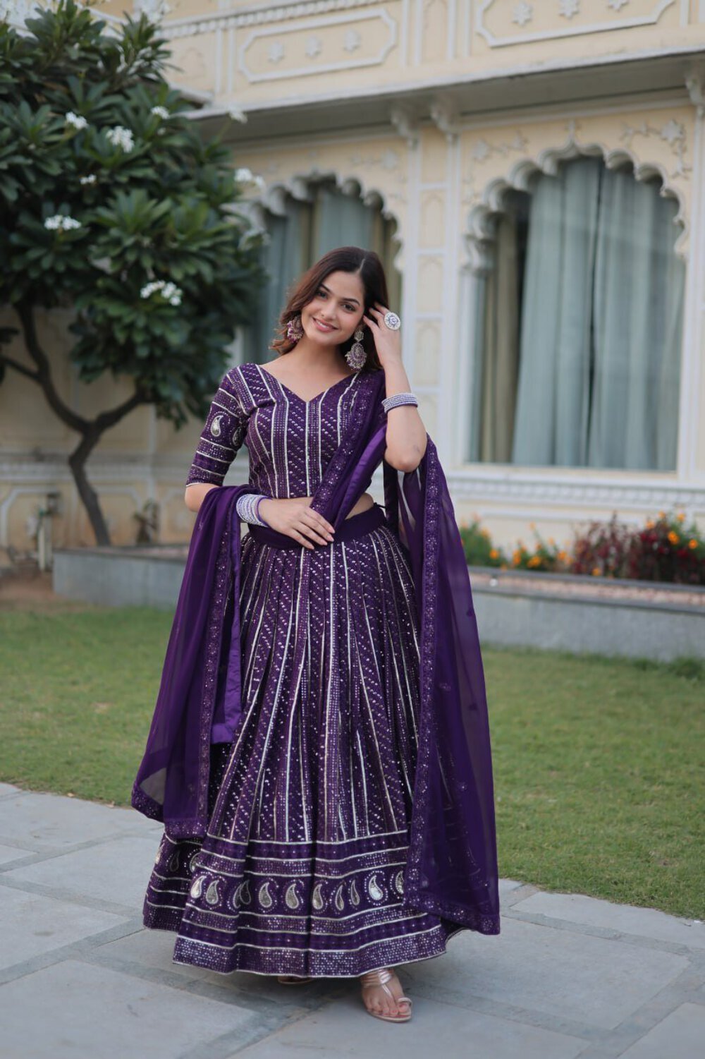 Purple Designer Dyeable Pure Viscose Jacquard fabric Lehenga Choli & Dupatta Set