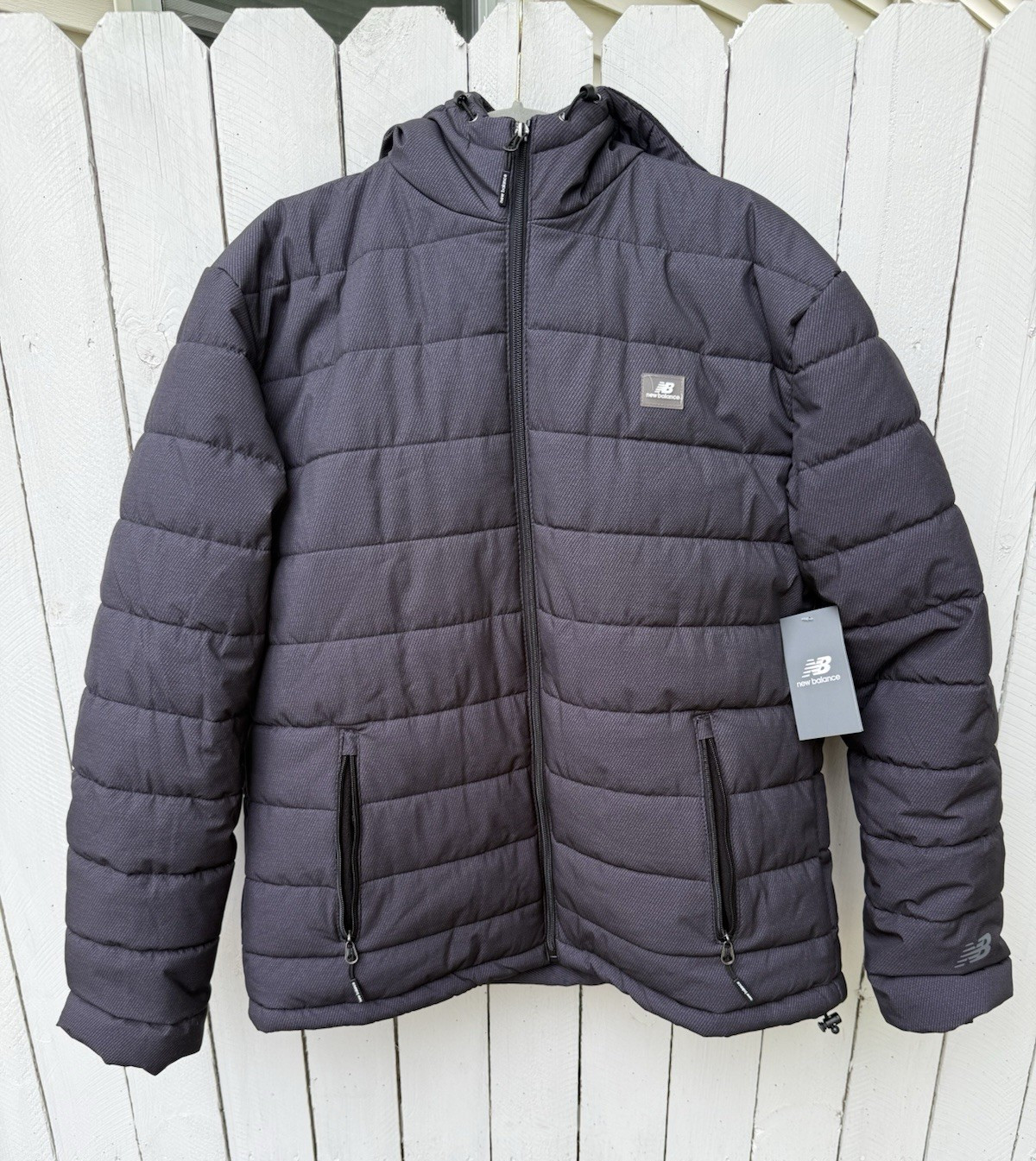 New Balance Men’s Hooded Puffer Jacket Full Zip Gray Zipped Pockets M Regular