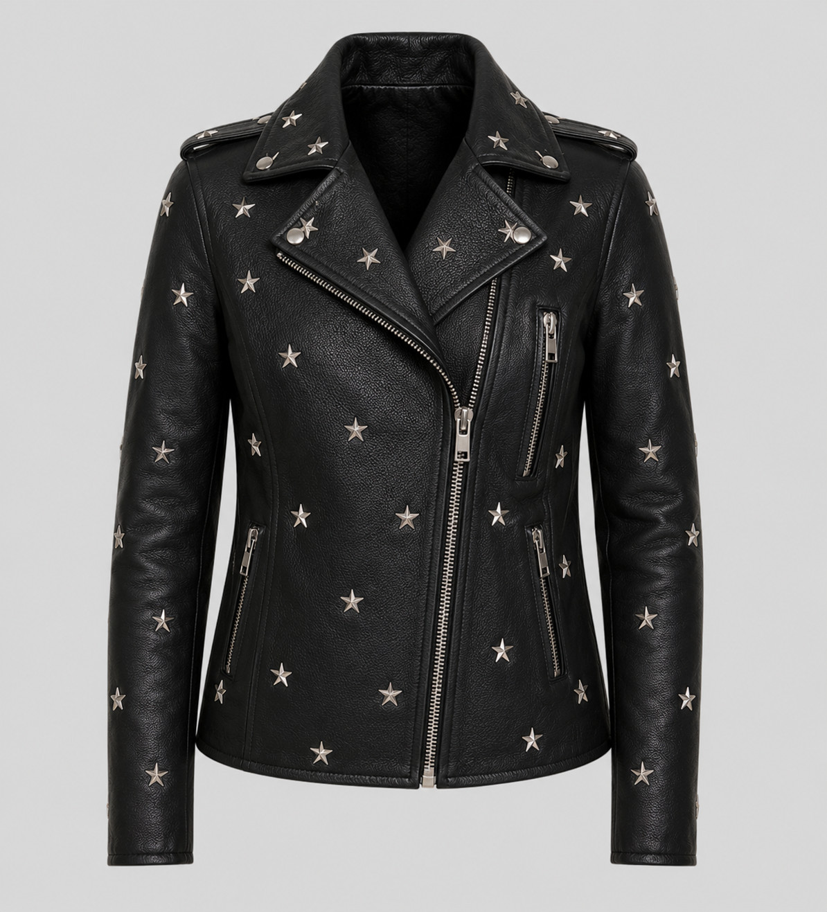 Women Handmade Black Leather Biker Jacket – Star Studded Moto Punk Rock Zip Coat