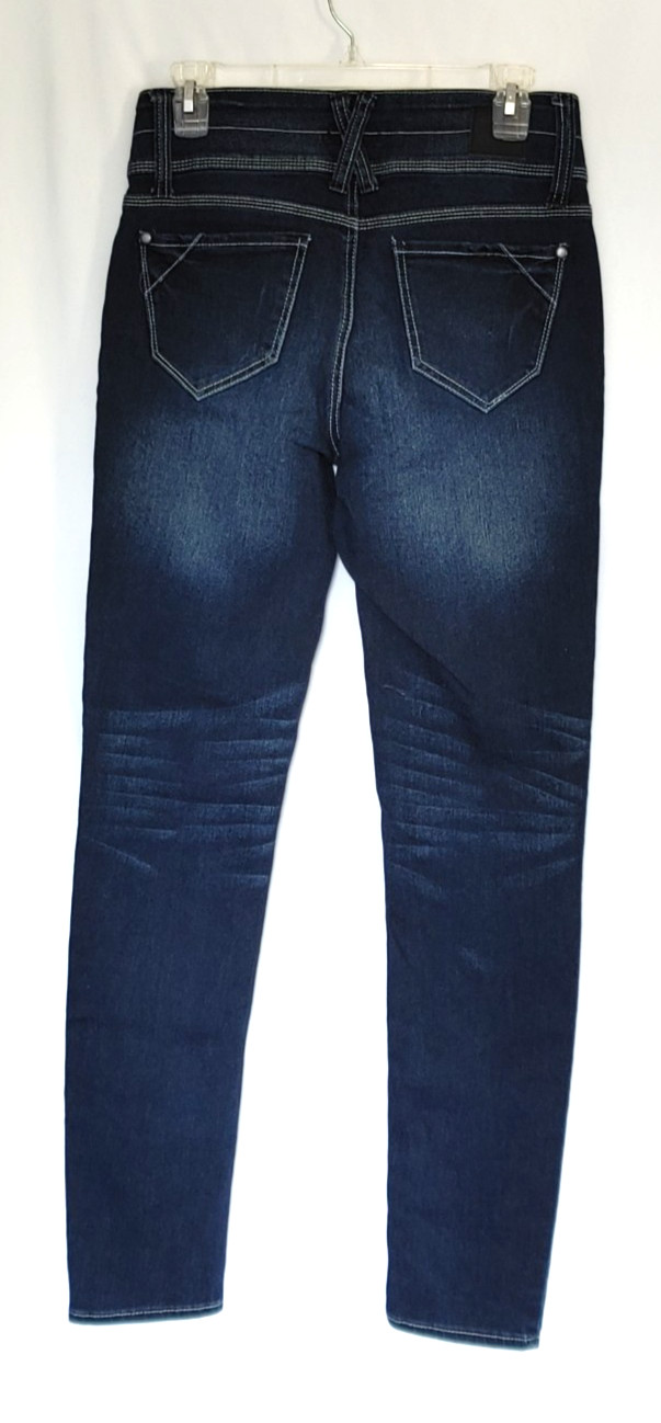 RAMPAGE “WES” Ladies 9 Skinny Stretch High Rise Jeans Dark Blue White Stitch EUC