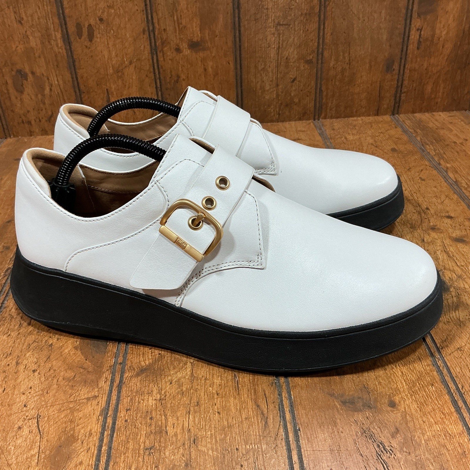 Fitflop F Mode Platform White Leather Gold Buckle Slip On Shoes US 10 VERY RARE