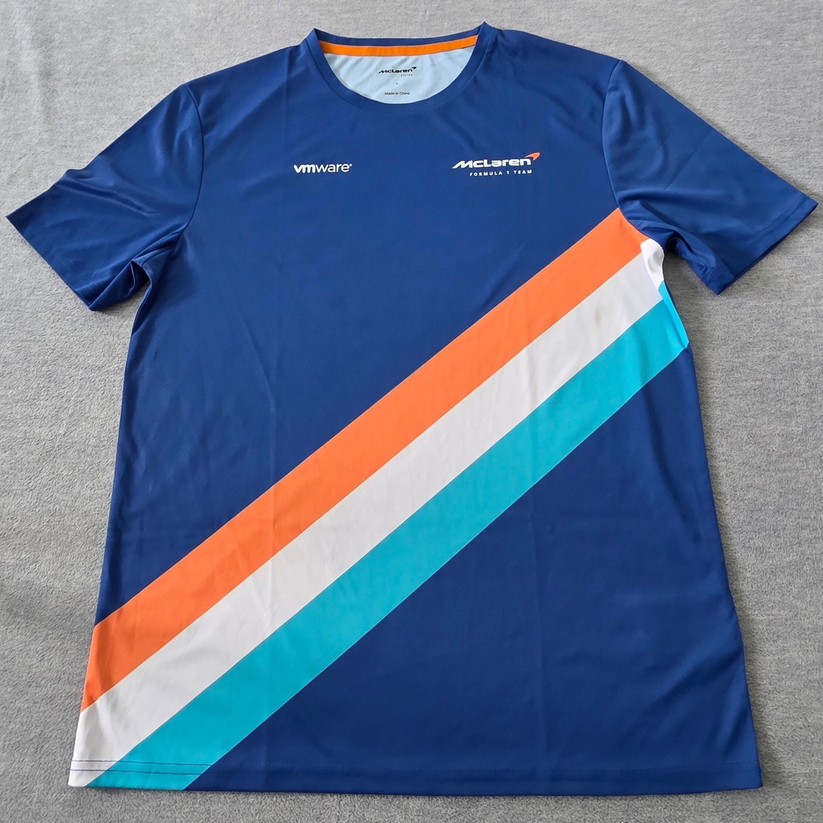 McLaren Formula 1 Team Racing T-Shirt Mens Medium Blue VMware Sponsor Stripe Tee