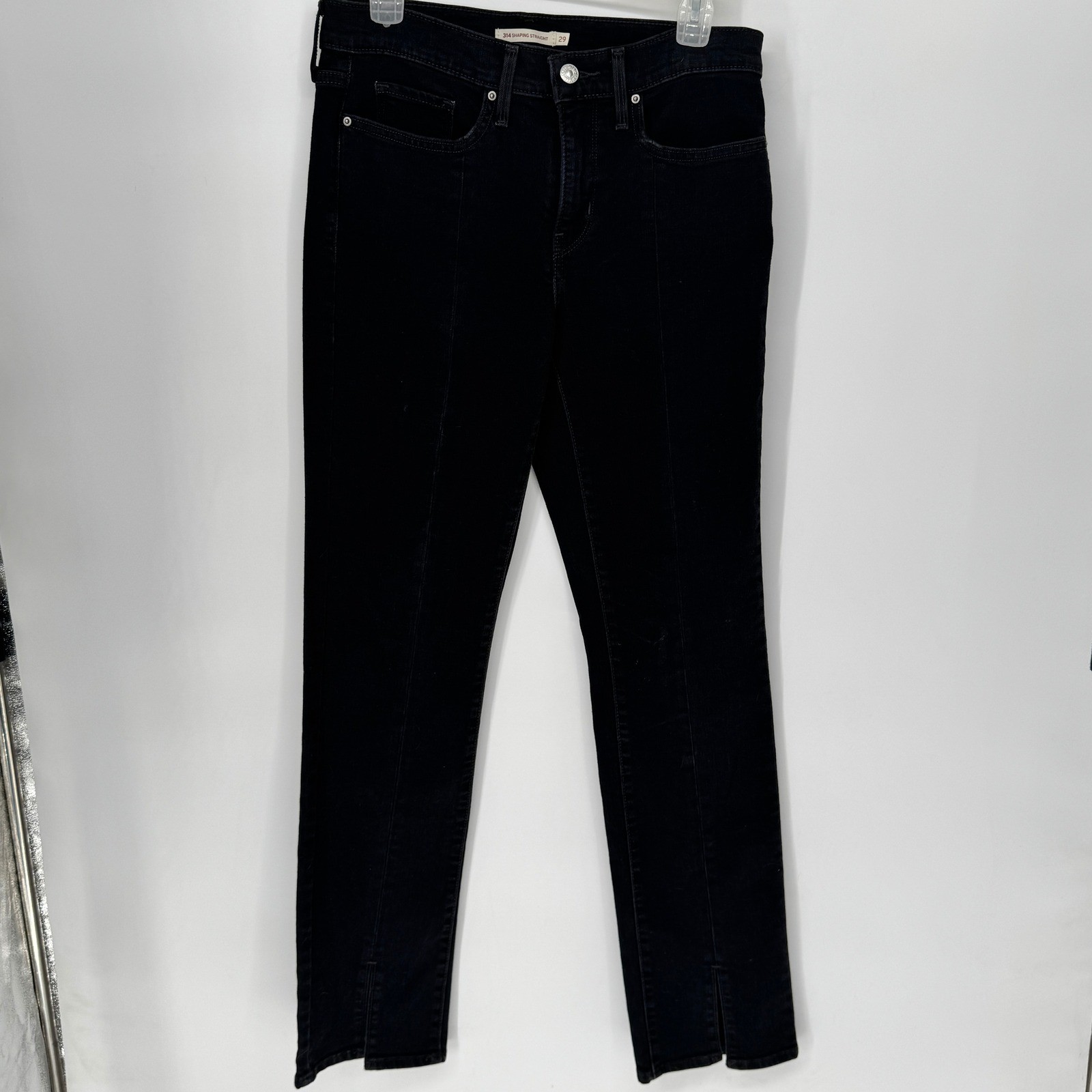 Levis 314 Shaping Straight Jeans Womens 29 Black Seam Front Split Hem Denim