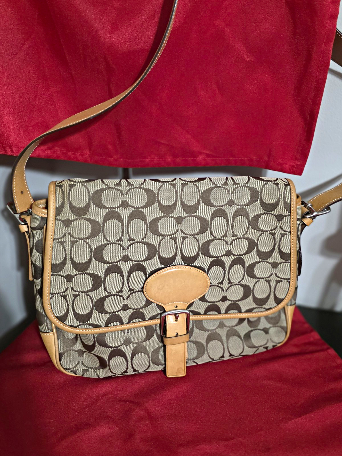 Coach Signature Monogram Crossbody Bag Buckle & Magnetic Closure Beige Brown