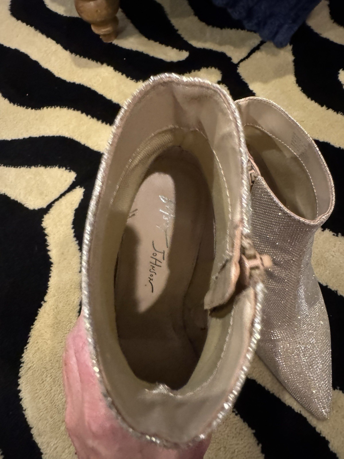 Betsy Johnson Women’s Gold Textile Pointed Toe Ankle Bootie Zip Pearl 8M
