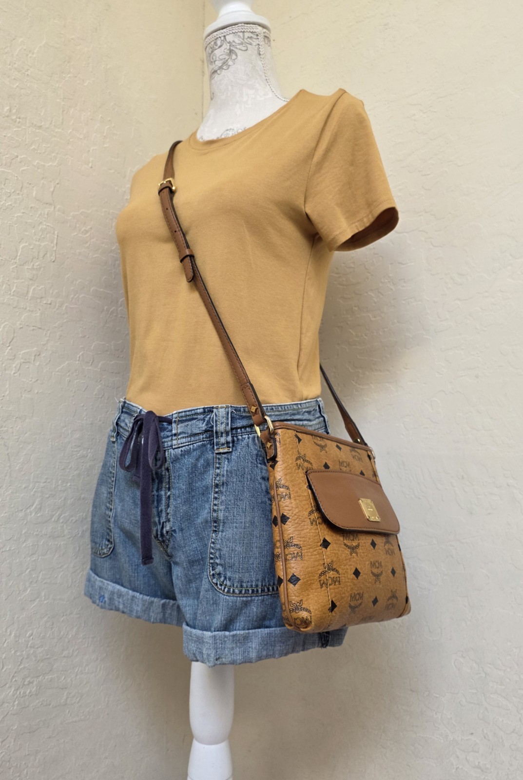 MCM Cognac Monogram Small Flat Shoulder Crossbody Bag AUTHENTIC