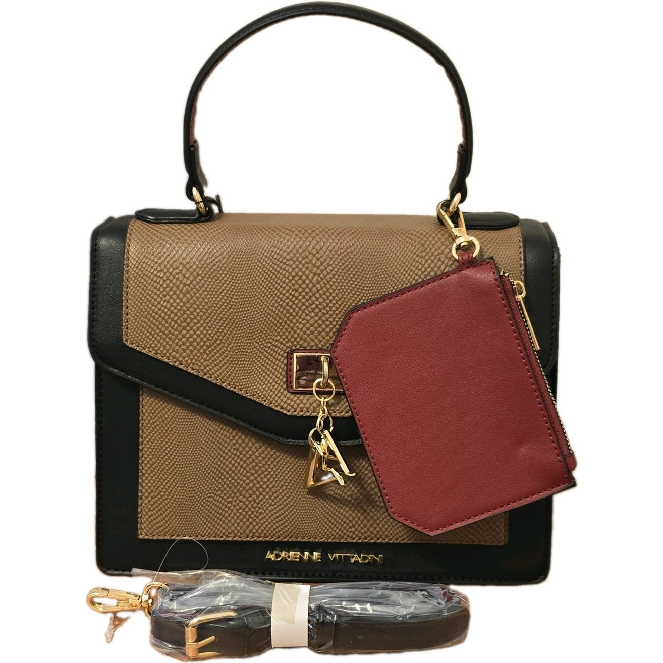 Adrienne Vittadini Colorblock Black Tan Satchel Detach Strap Charm