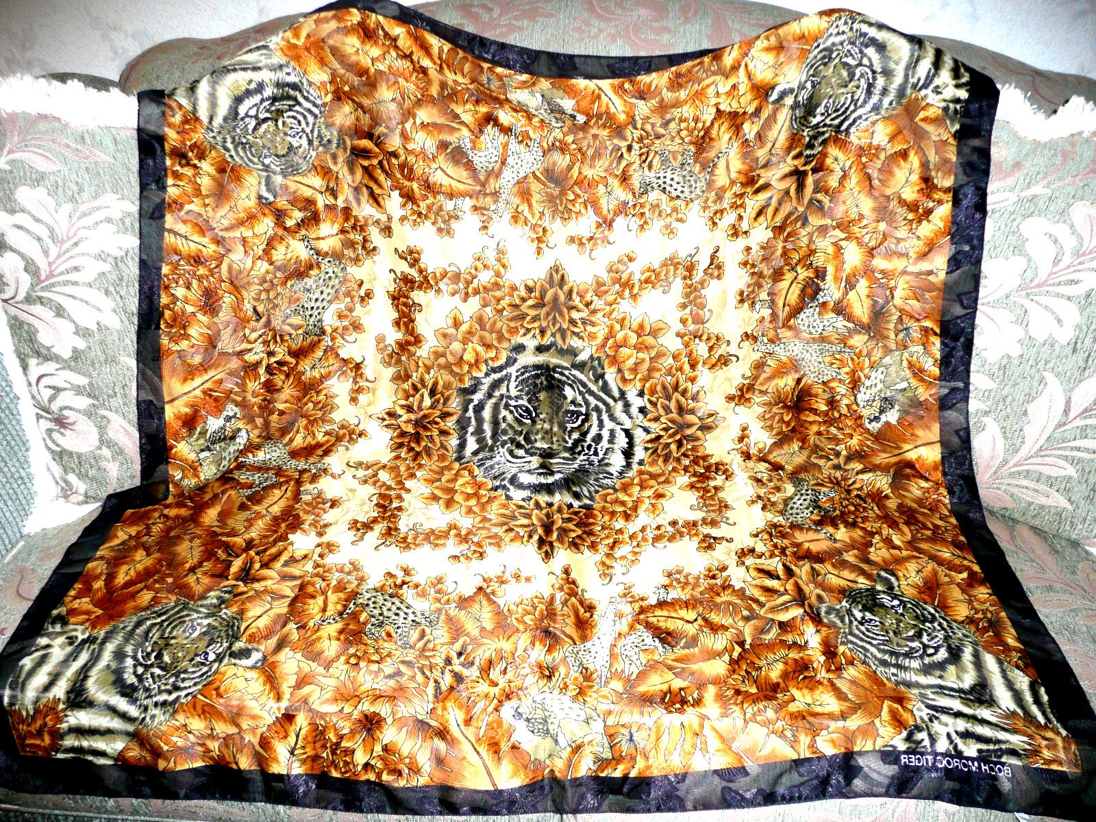 ANTIQUE GOLDEN BRONZE POLYSTER ANIMAL BIRDS TIGER SHAWL SCARF 1970 40″x 40″