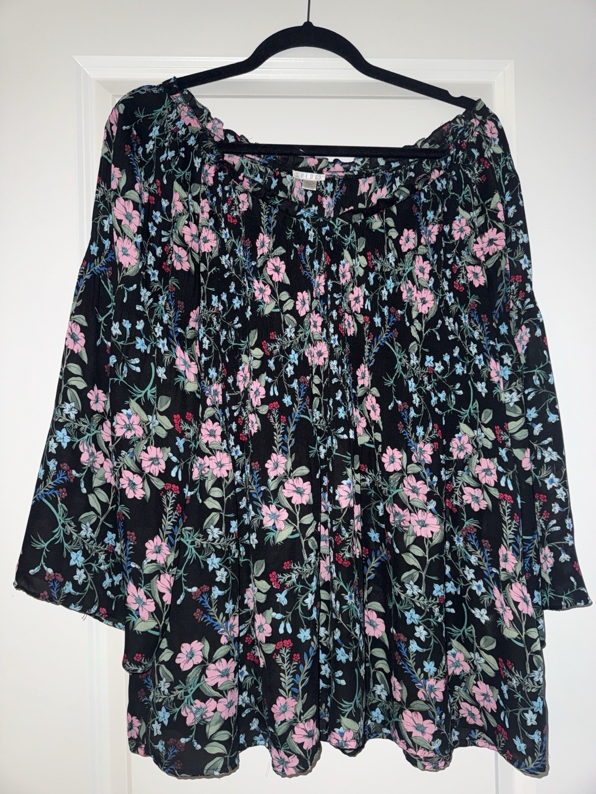 Spense Floral Multicolor Sheer Pleated Babydoll Blouse Size L Flowy Soft Design