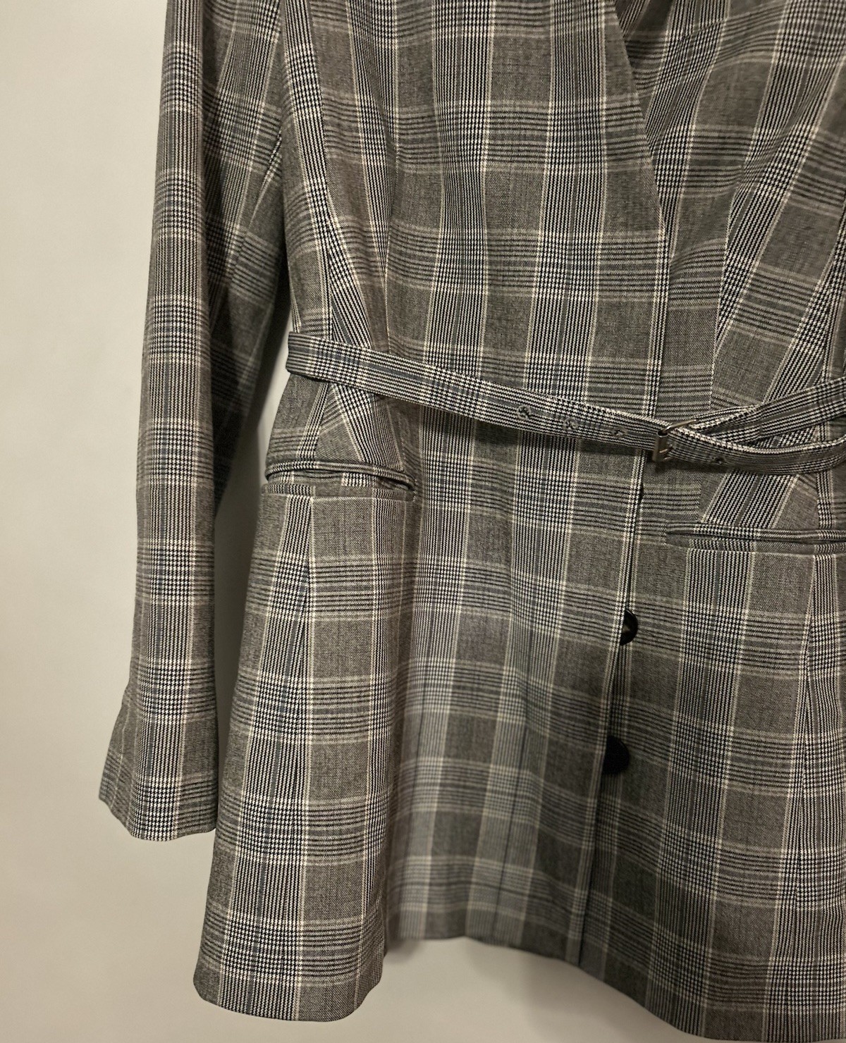 Karen Millen Grey Blue Check Plaid Tailored Collarless Belted Blazer w/Belt Sz 2