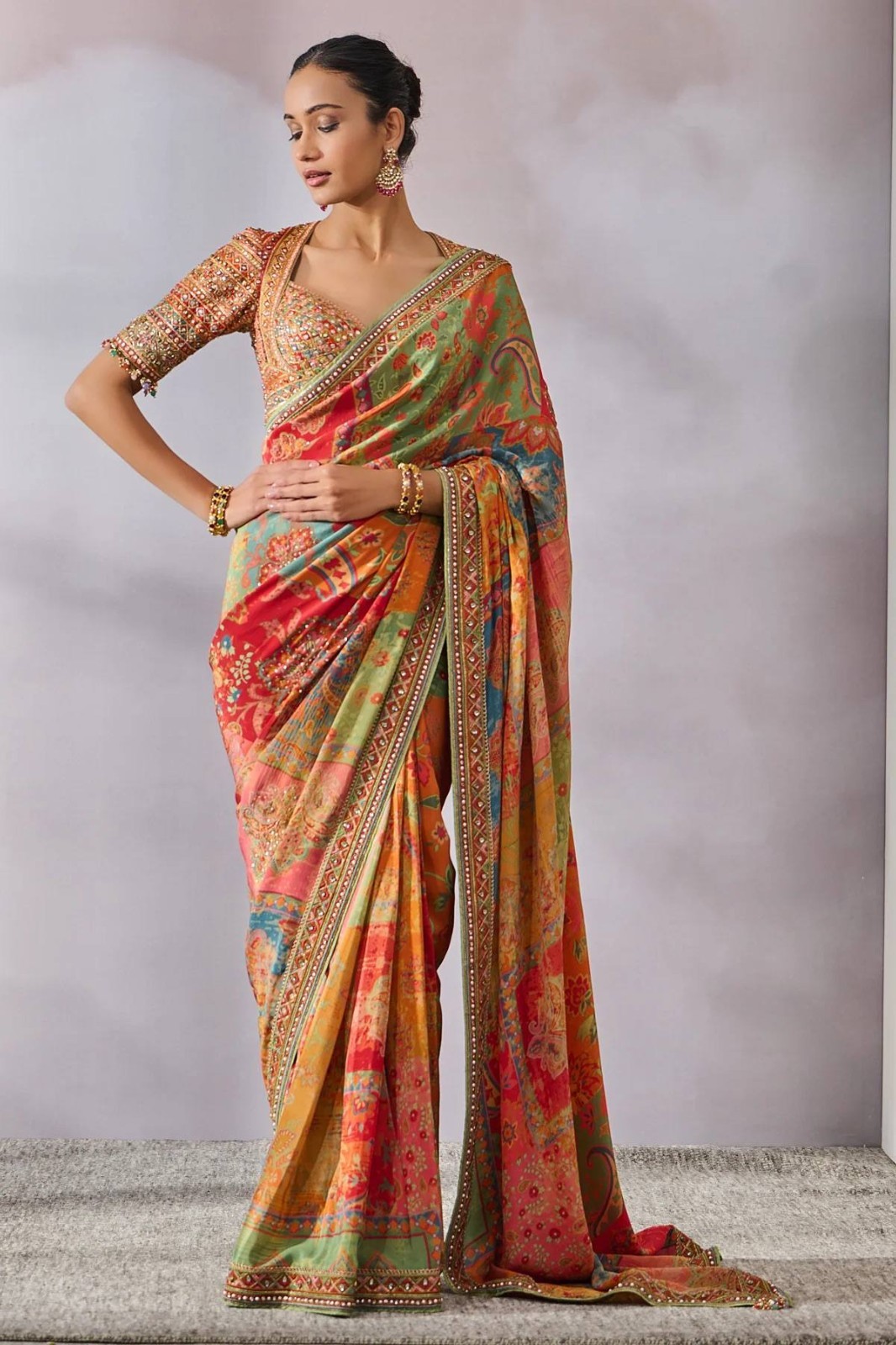 Indian Designer Saree Chinon Silk Hand Embroidery Mirror Work Ethnic Wear Sari