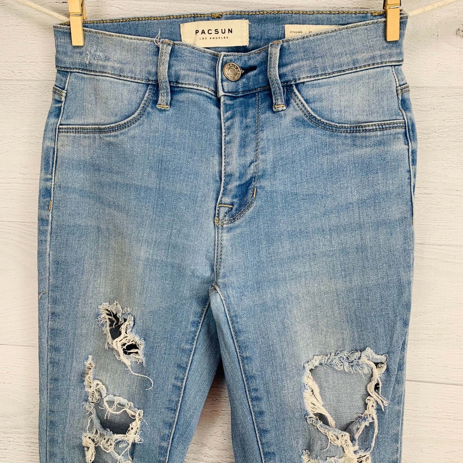 Pacsun Women SUPER STRECTH JEGGING Distress Destroyed Denim Blue Jeans Sz 23