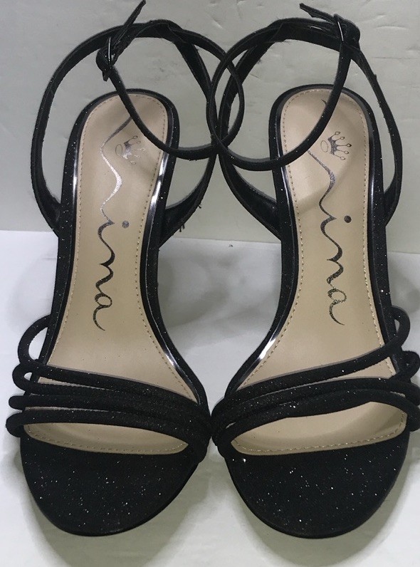 Nina Black Faux Leather Strappy Glitter Stiletto Heels Buckle Open Toe 8.5M