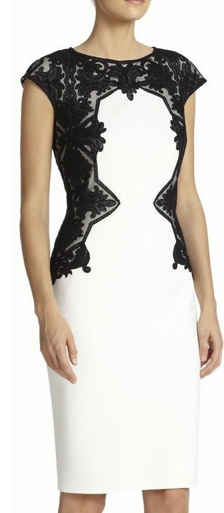 Tadashi Shoji Neoprene Stretch Scuba Lace Trim Ivory Black Dress XL $348