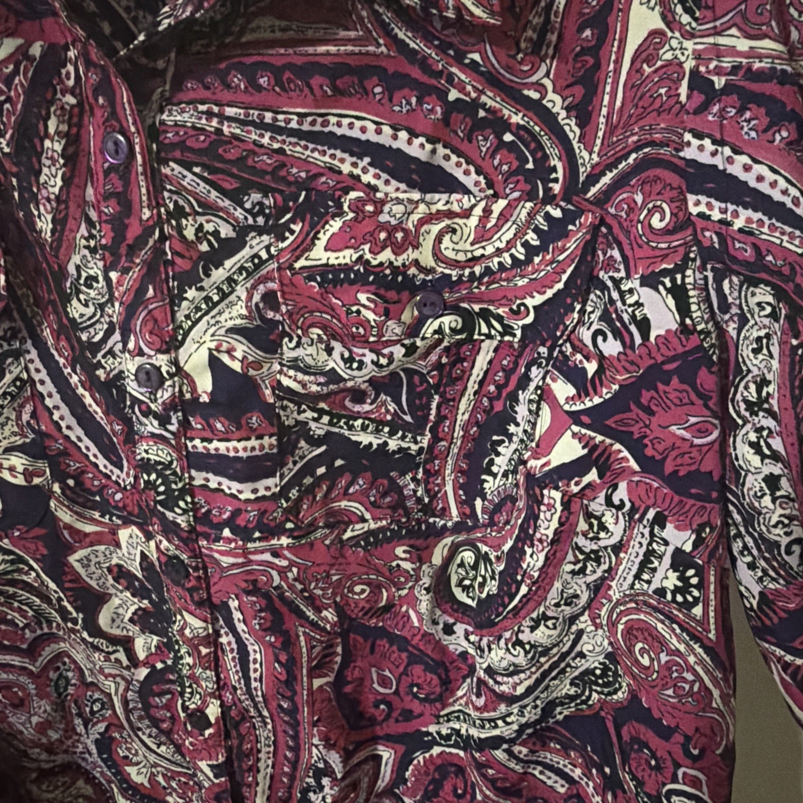 Kim Rogers Woman 1X Paisley Print Button Front Long Sleeve Pockets Pink Purple