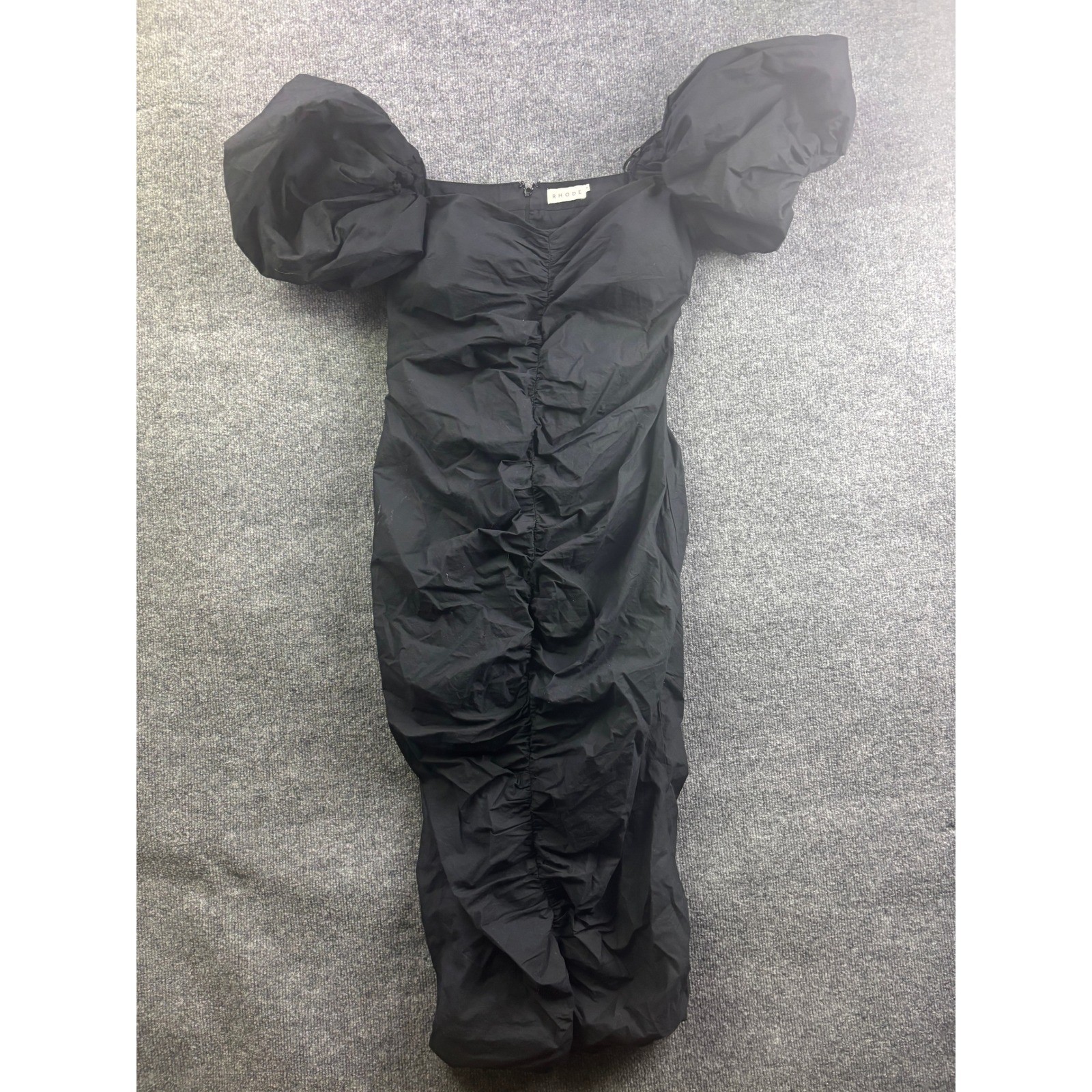 Rhode Ruched Tessa Puff Sleeve Midi Dress Womens 8 Black Off Shoulder