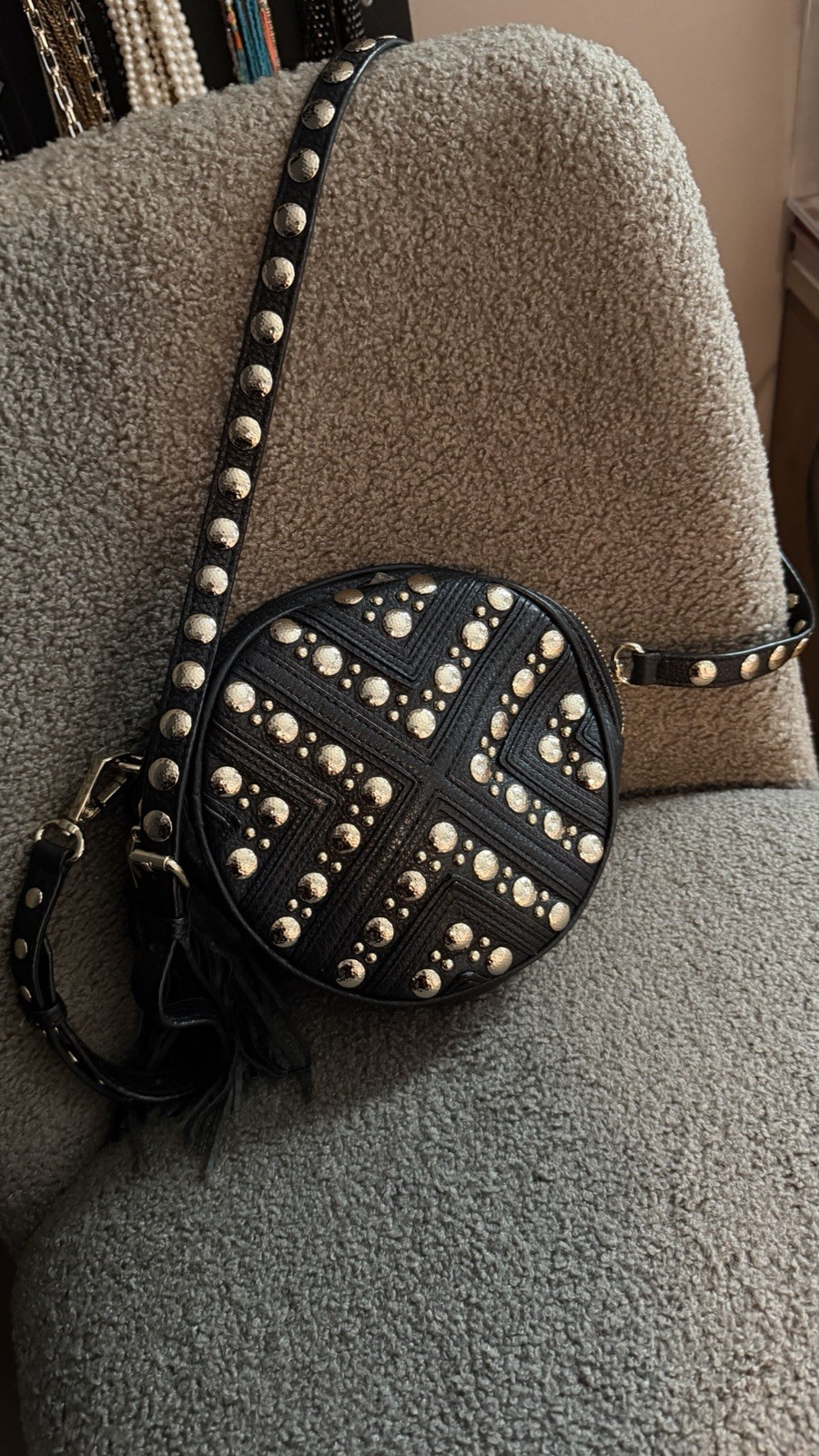 Rebecca Minkoff Black Round Studded Crossbody Bag Tassel Zip Gold Hardware