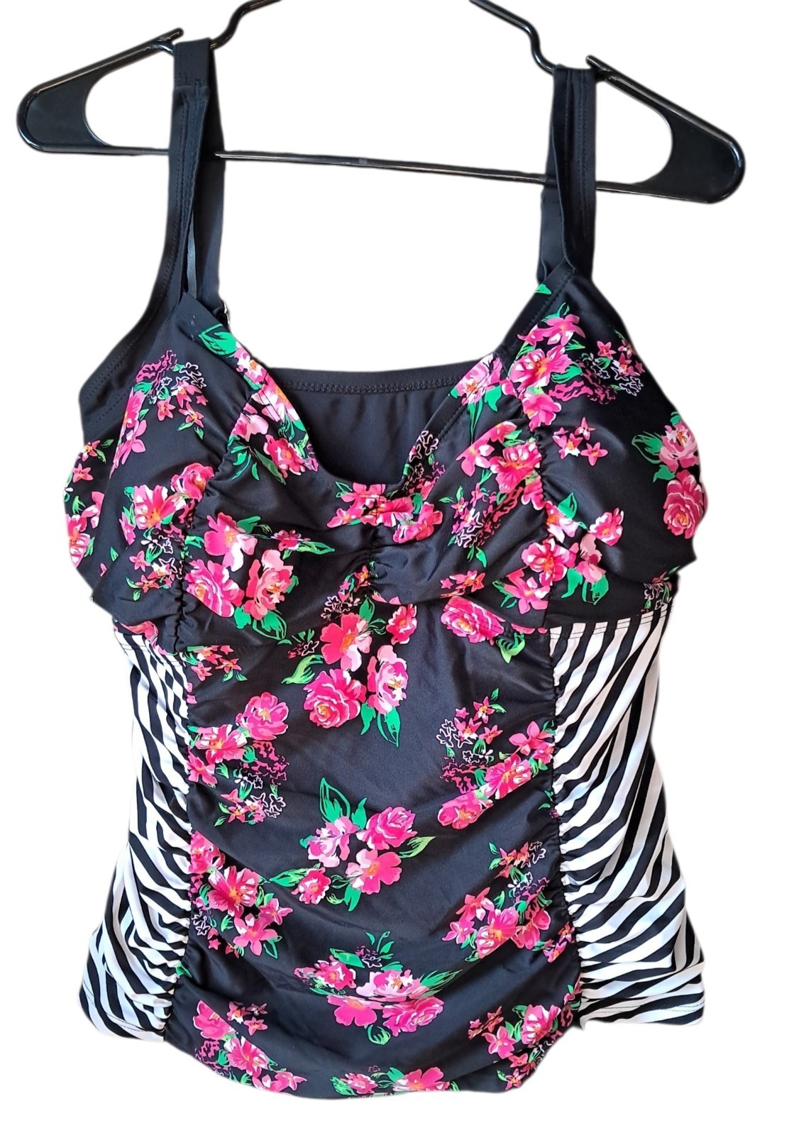 Plus 2X Swim Tankini Top Black Pink White Floral Striped Ruched By BONGO