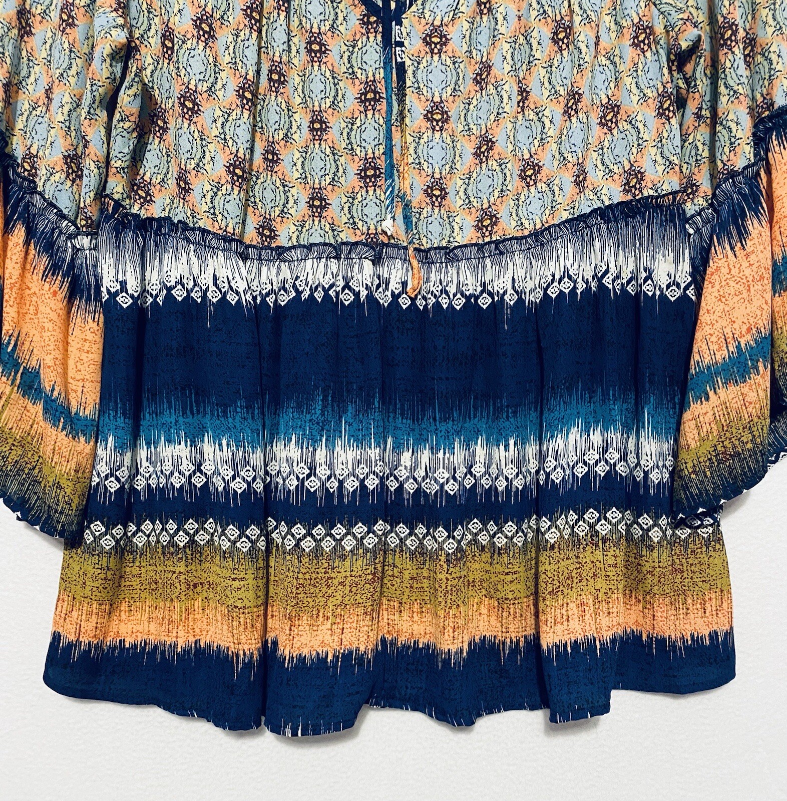 Figueroa Flower Top Womens Medium Peasant Bell Sleeves Tie Neck Flowy Boho